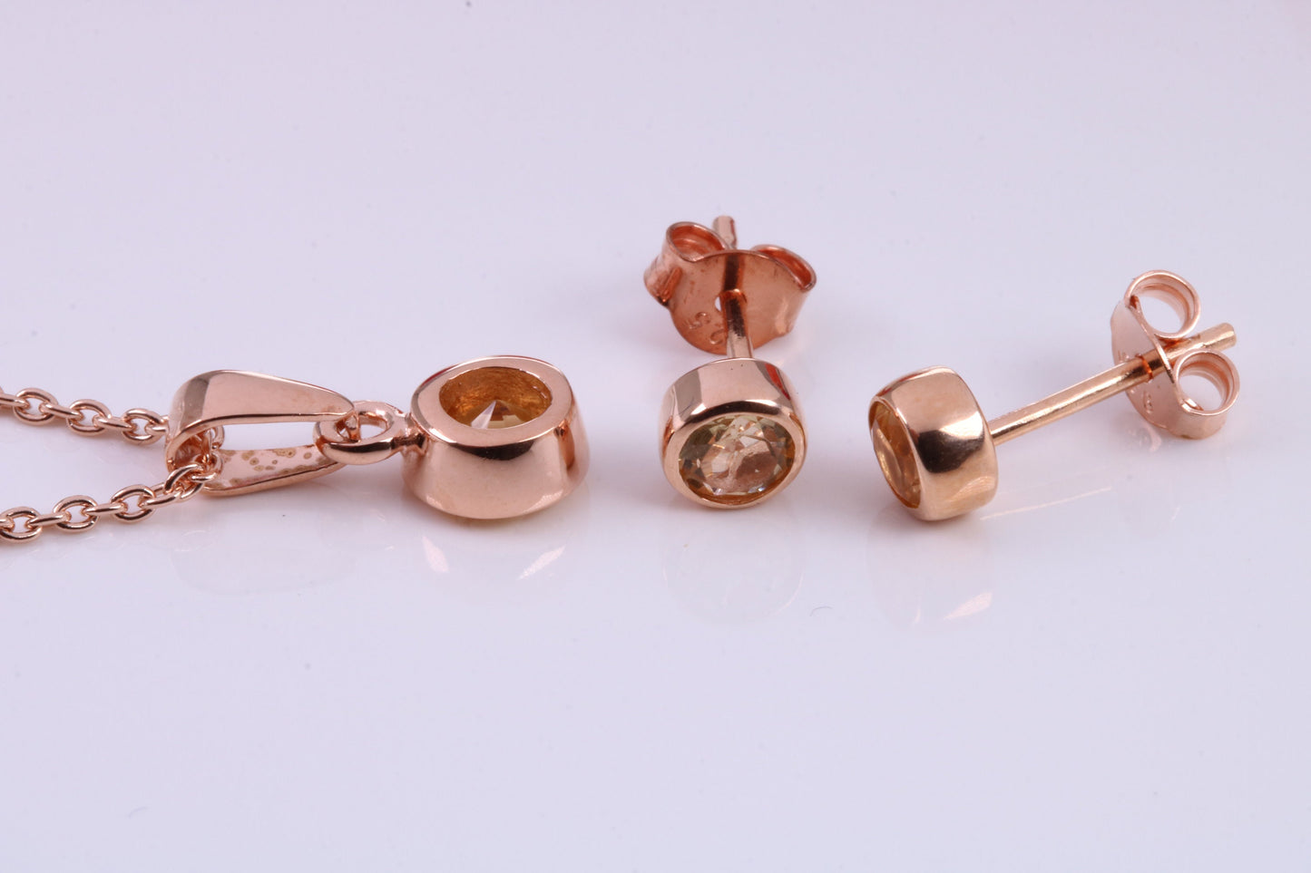 Real Citrine set Necklace and Matching Stud Earrings, made from solid Sterling Silver and 18ct Rose Gold Plated