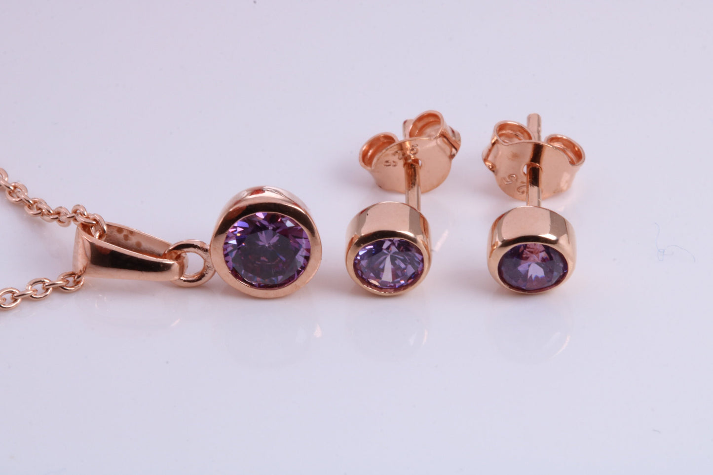 Real Amethyst set Necklace and Matching Stud Earrings, made from solid Sterling Silver and 18ct Rose Gold Plated
