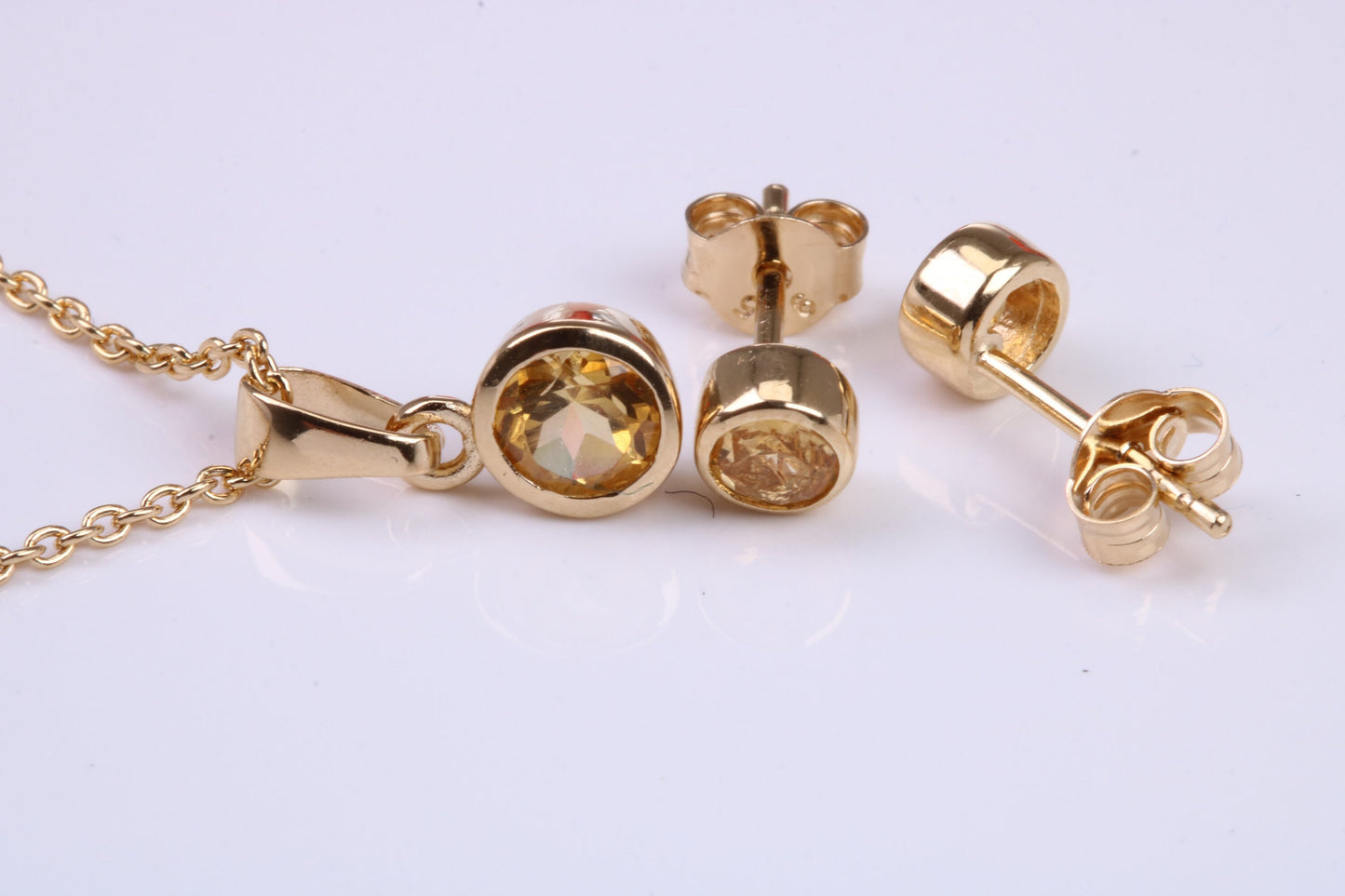 Real Citrine set Necklace and Matching Stud Earrings, made from solid Sterling Silver and 18ct Yellow Gold Plated
