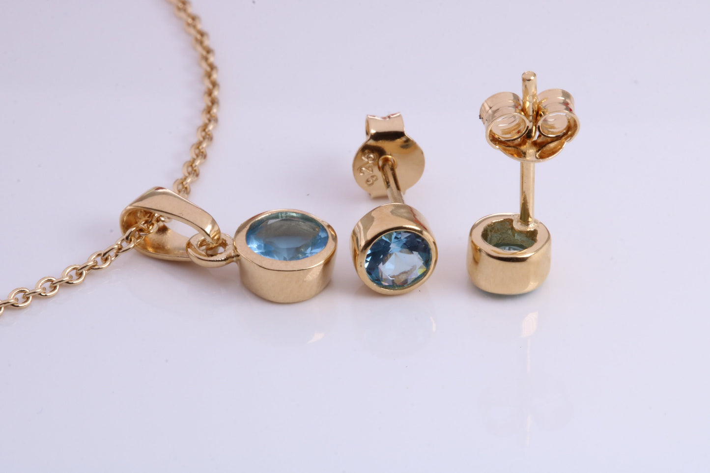 Real Blue Topaz set Necklace and Matching Stud Earrings, made from solid Sterling Silver and 18ct Yellow Gold Plated