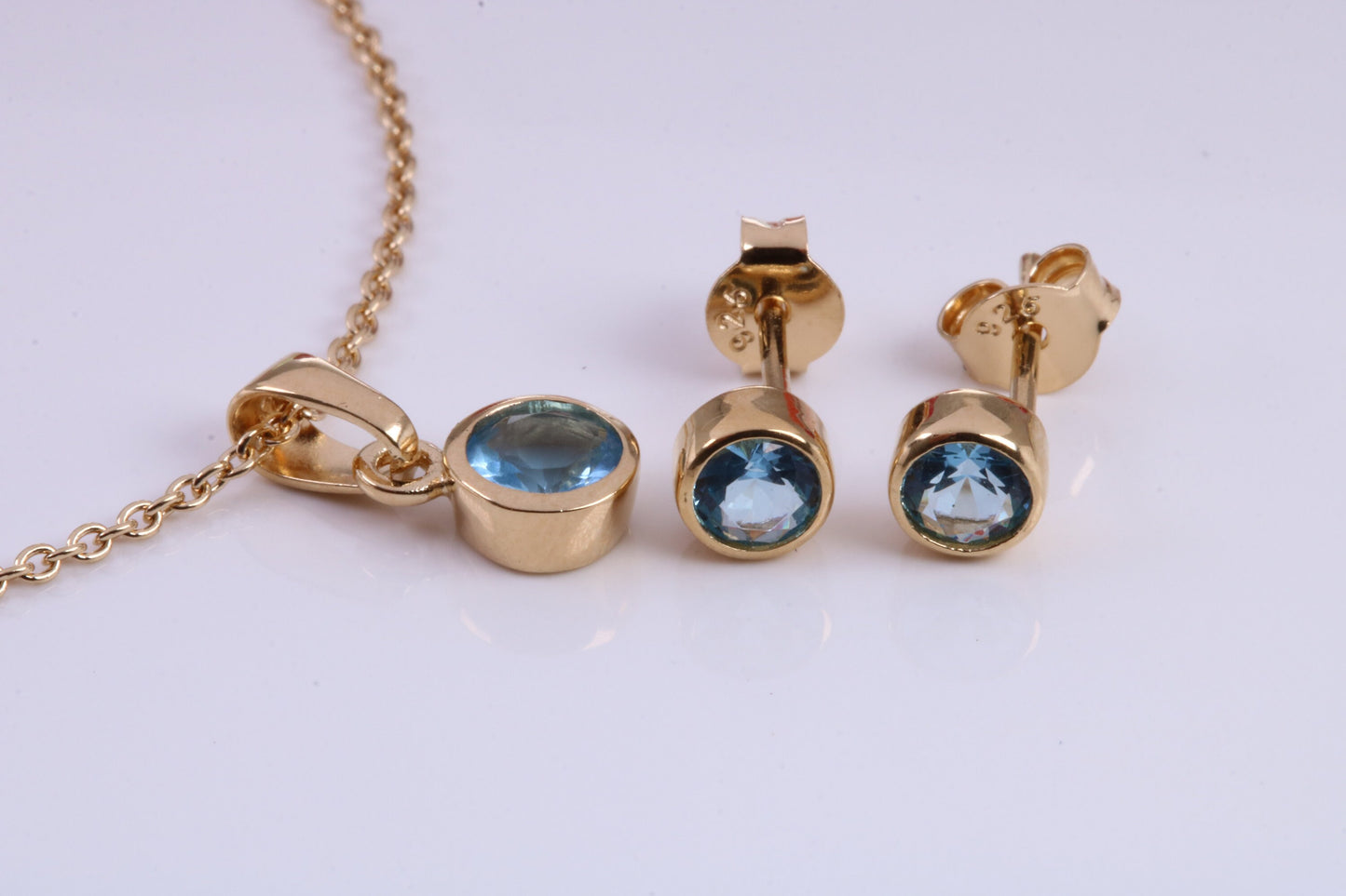 Real Blue Topaz set Necklace and Matching Stud Earrings, made from solid Sterling Silver and 18ct Yellow Gold Plated