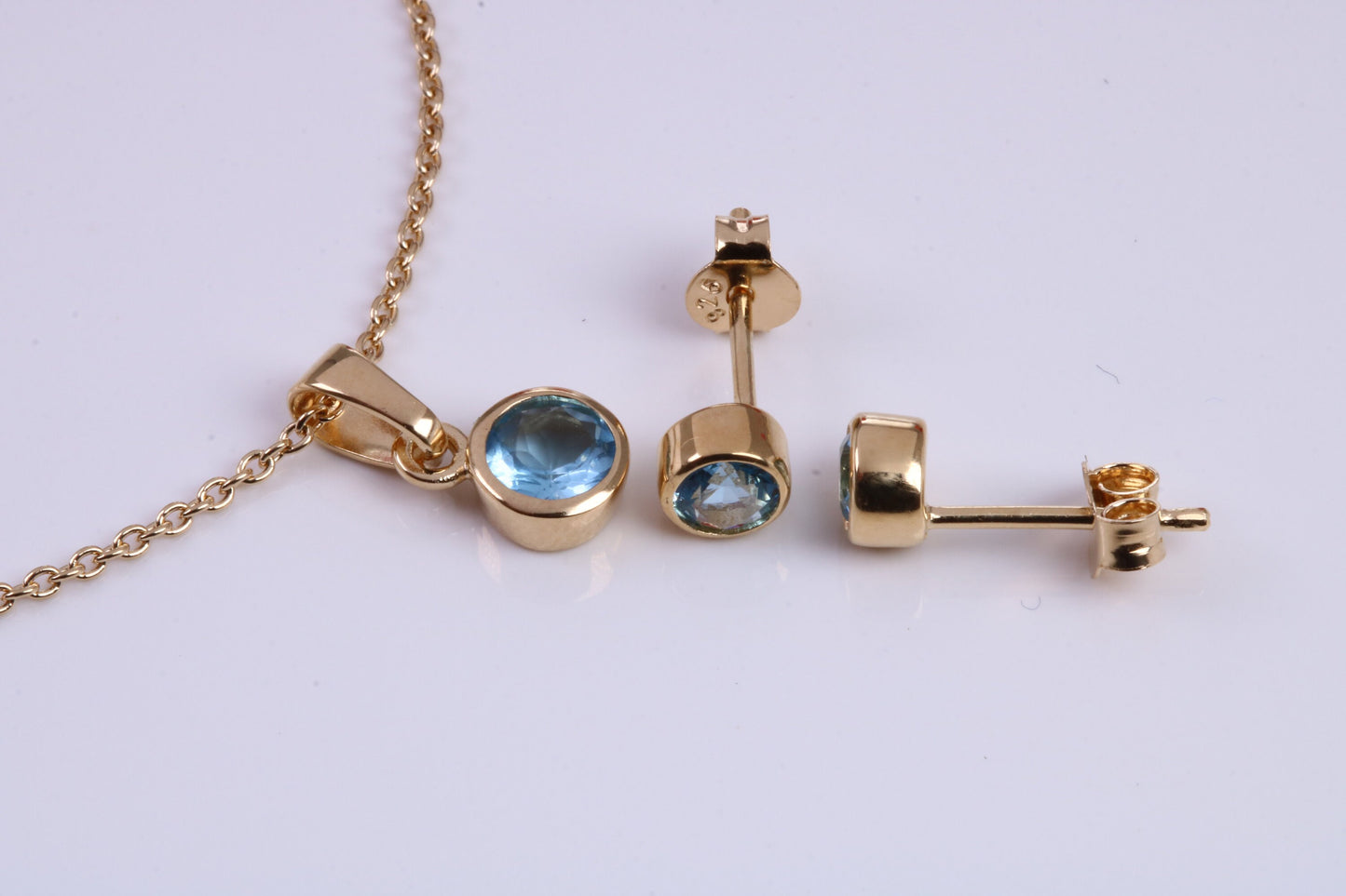 Real Blue Topaz set Necklace and Matching Stud Earrings, made from solid Sterling Silver and 18ct Yellow Gold Plated