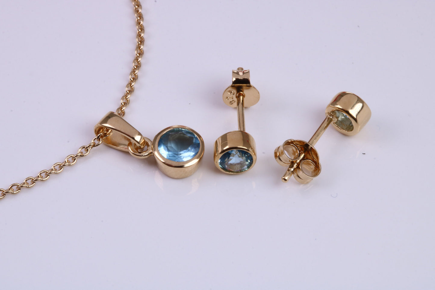 Real Blue Topaz set Necklace and Matching Stud Earrings, made from solid Sterling Silver and 18ct Yellow Gold Plated