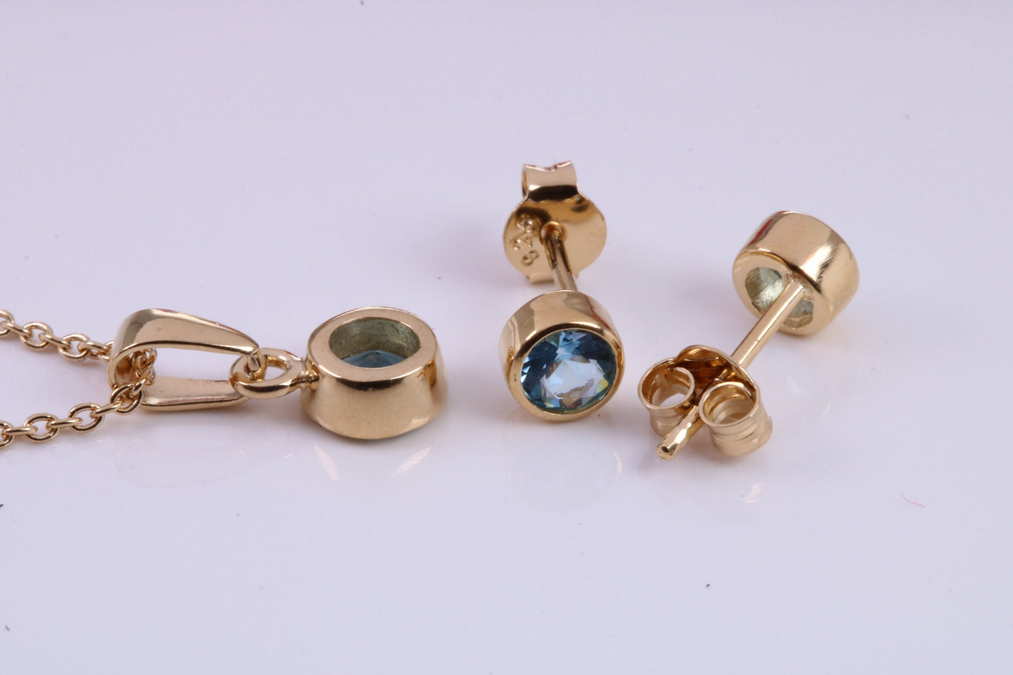 Real Blue Topaz set Necklace and Matching Stud Earrings, made from solid Sterling Silver and 18ct Yellow Gold Plated