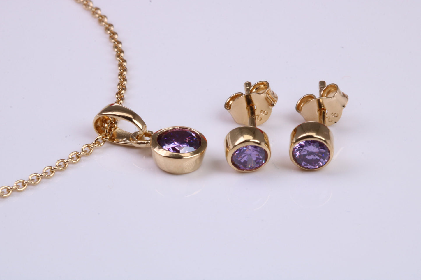 Real Amethyst set Necklace and Matching Stud Earrings, made from solid Sterling Silver and 18ct Yellow Gold Plated