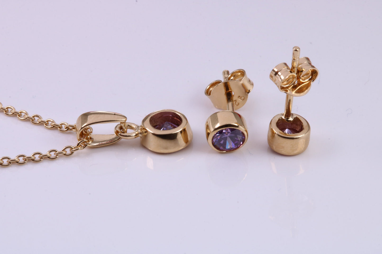 Real Amethyst set Necklace and Matching Stud Earrings, made from solid Sterling Silver and 18ct Yellow Gold Plated