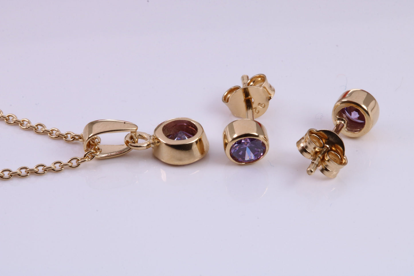 Real Amethyst set Necklace and Matching Stud Earrings, made from solid Sterling Silver and 18ct Yellow Gold Plated