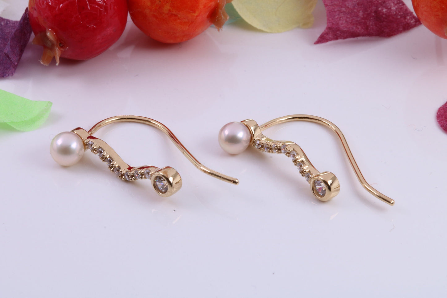 19 mm Long Pearl and Cubic Zirconia set Earrings, Made from Solid 925 Grade Sterling Silver and 18ct Yellow Gold Plated
