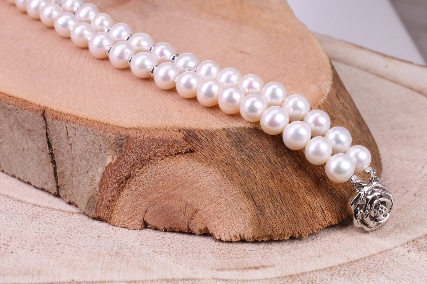 Double Row Freshwater Pearl Bracelet with Rose Flower Closure, made from Sterling Silver