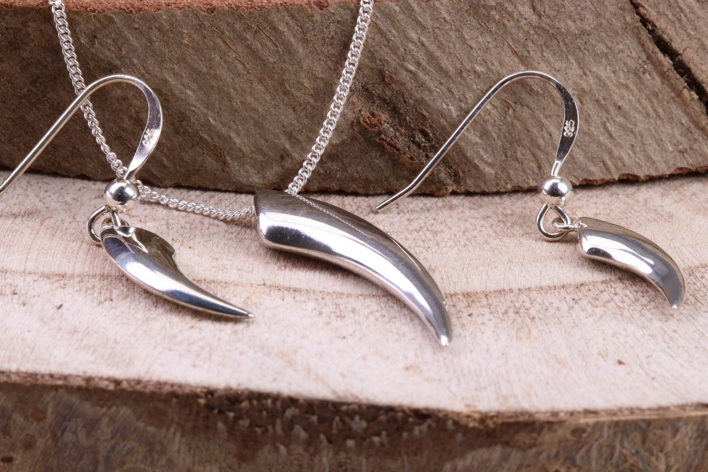Tooth Necklace and Earrings, made from solid Sterling Silver