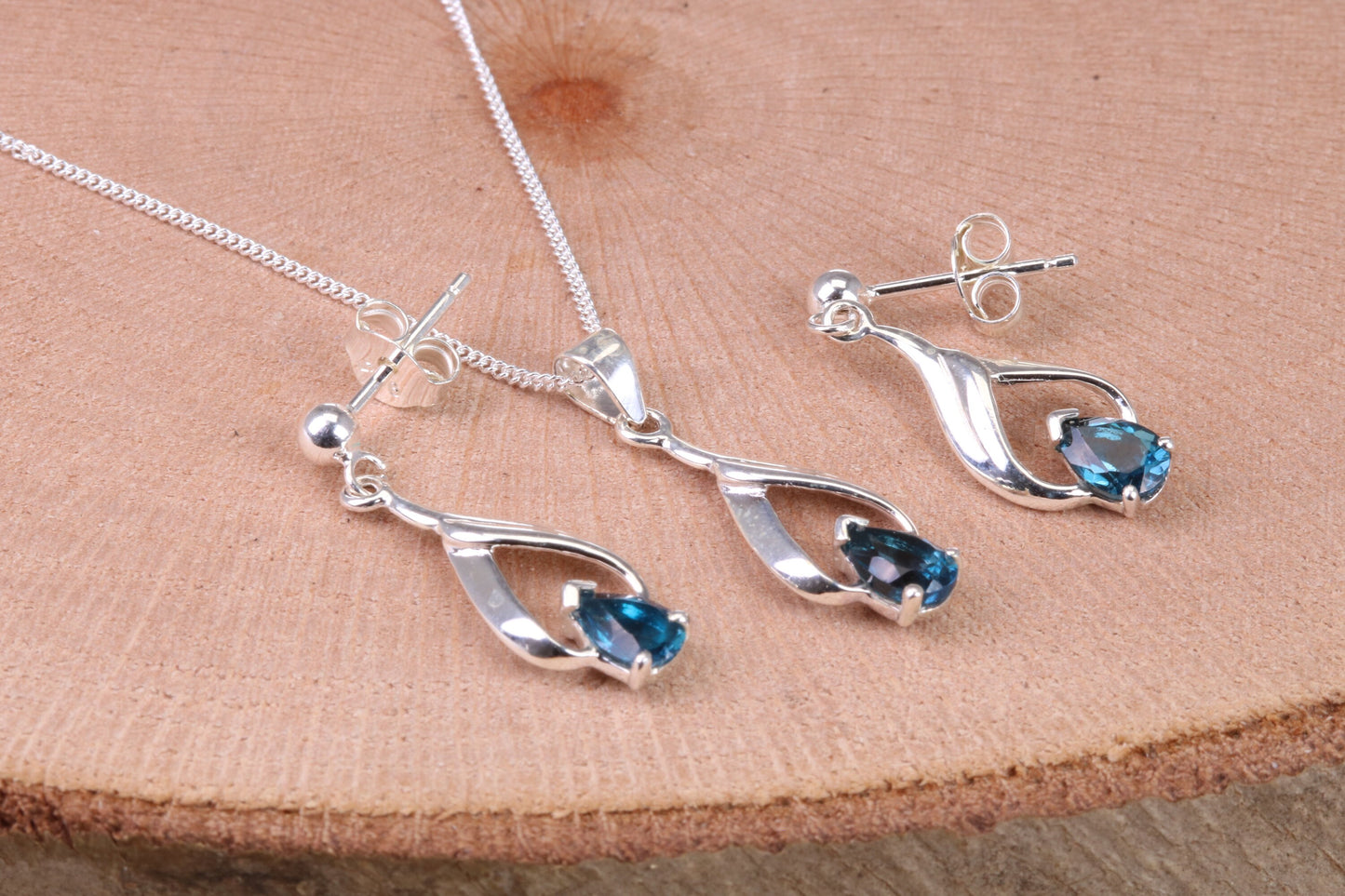 Teardrop Blue Sapphire C Z set Necklace and Earrings, made from solid Sterling Silver