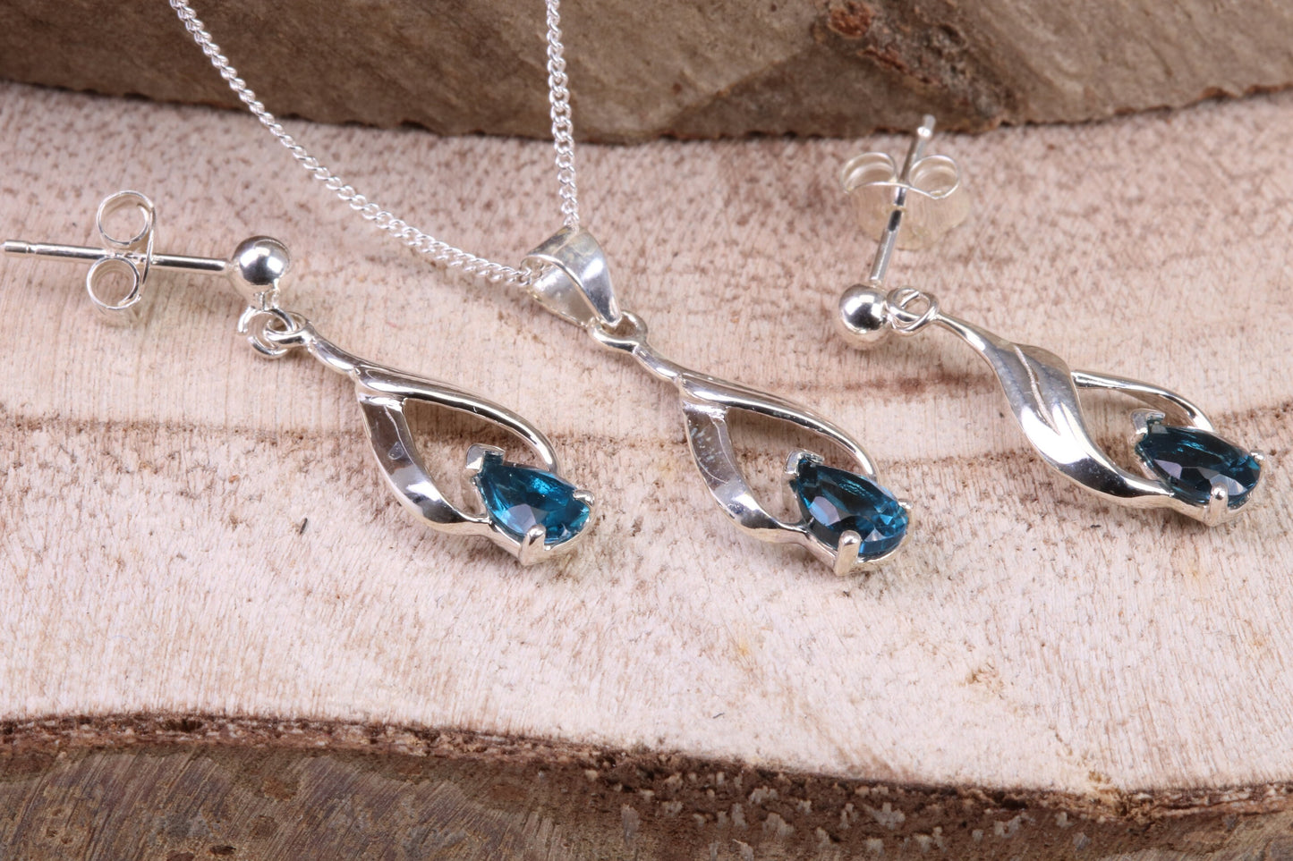 Teardrop Blue Sapphire C Z set Necklace and Earrings, made from solid Sterling Silver