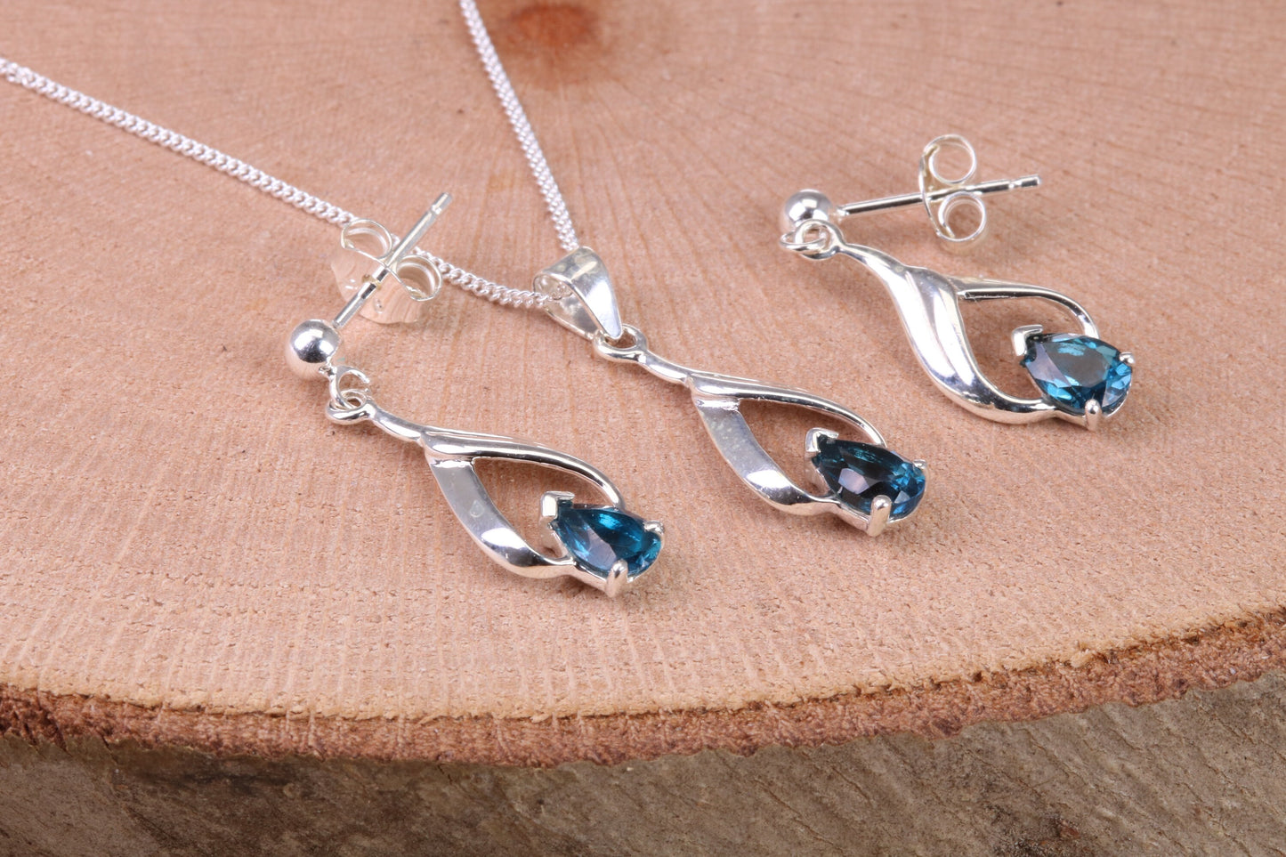 Teardrop Blue Sapphire C Z set Necklace and Earrings, made from solid Sterling Silver