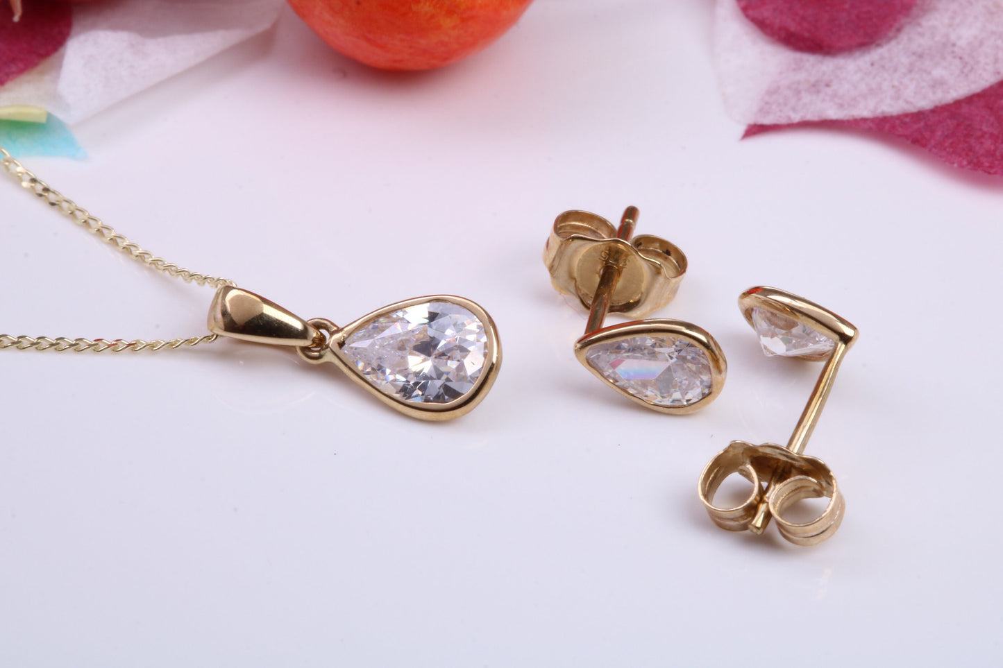 Teardrop C Z set Necklace and Matching Stud Earrings, made from solid 9ct Yellow Gold