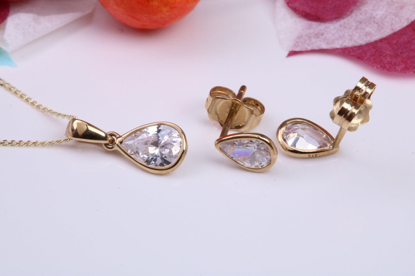Teardrop C Z set Necklace and Matching Stud Earrings, made from solid 9ct Yellow Gold