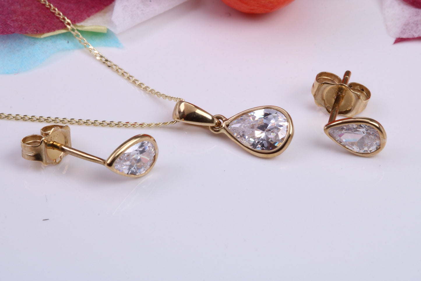 Teardrop C Z set Necklace and Matching Stud Earrings, made from solid 9ct Yellow Gold