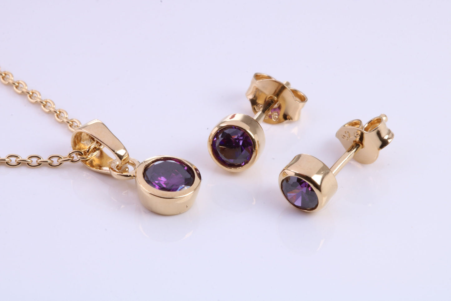 February Amethyst C Z set Necklace and Matching Stud Earrings, made from solid Sterling Silver and 18ct Yellow Gold Plated