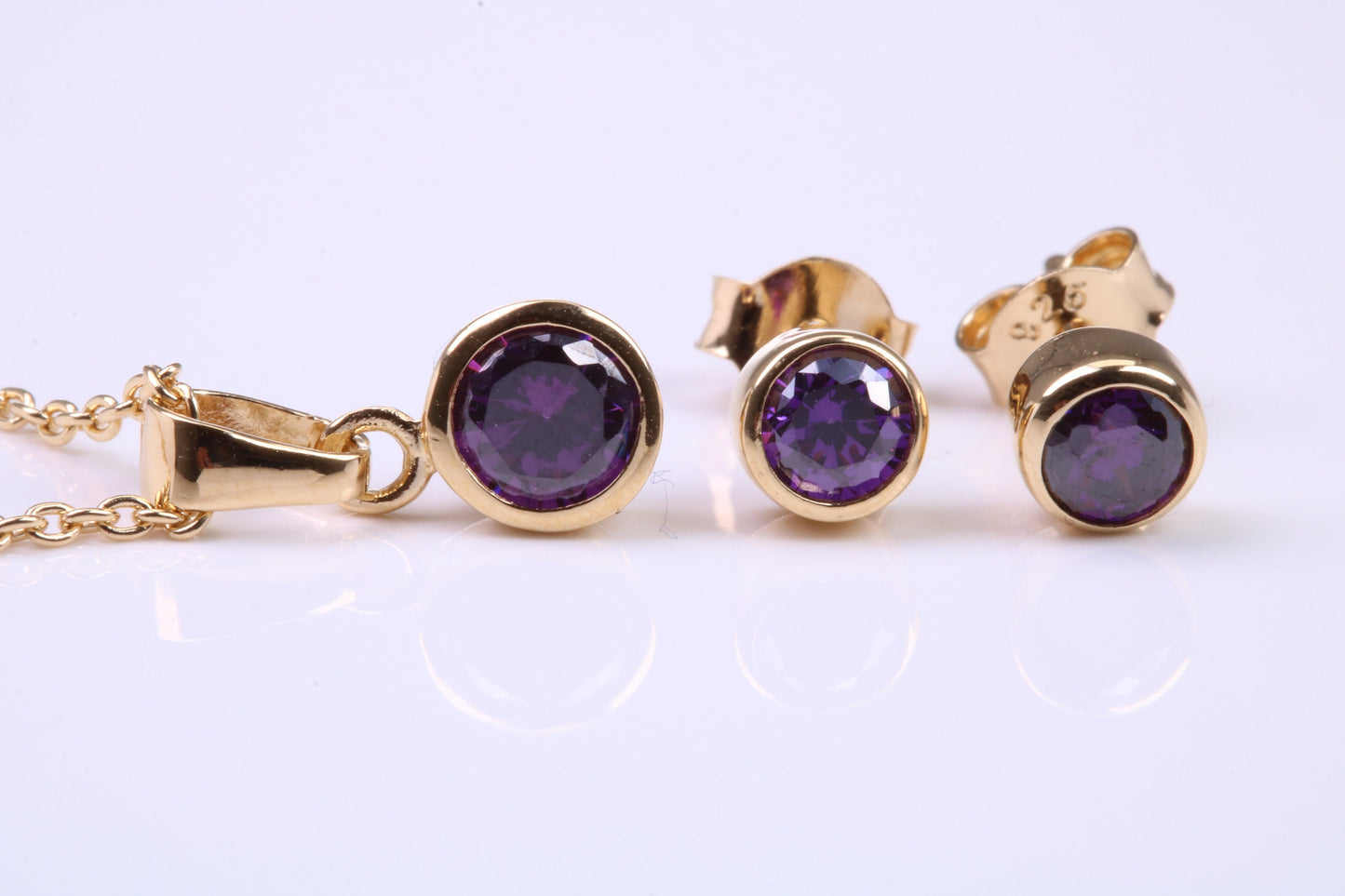 February Amethyst C Z set Necklace and Matching Stud Earrings, made from solid Sterling Silver and 18ct Yellow Gold Plated