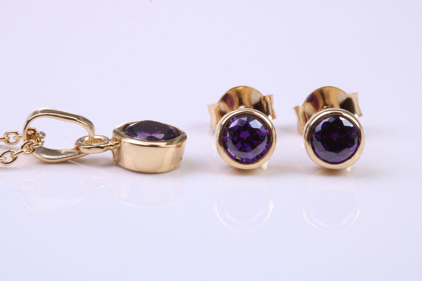 February Amethyst C Z set Necklace and Matching Stud Earrings, made from solid Sterling Silver and 18ct Yellow Gold Plated