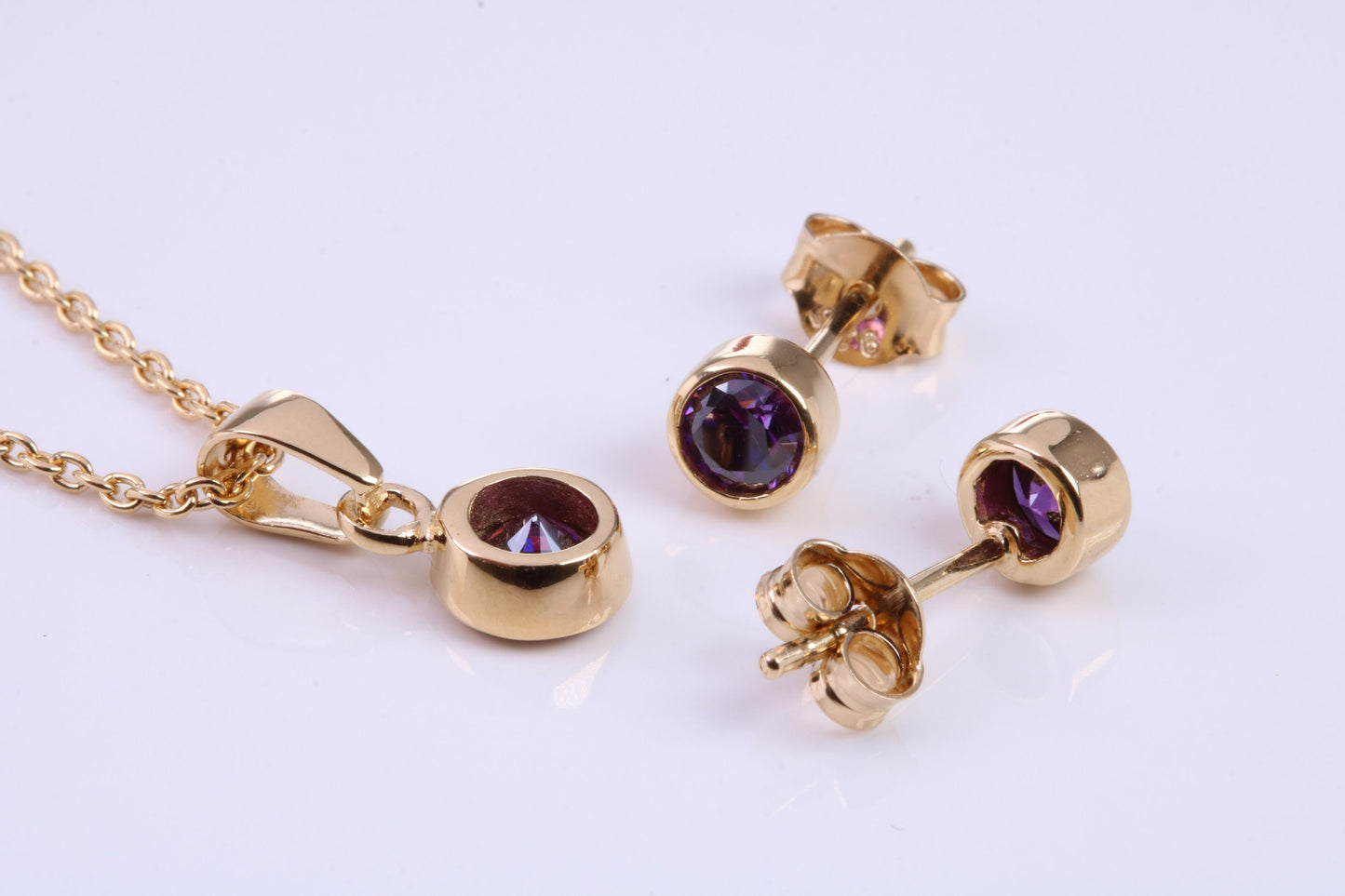 February Amethyst C Z set Necklace and Matching Stud Earrings, made from solid Sterling Silver and 18ct Yellow Gold Plated
