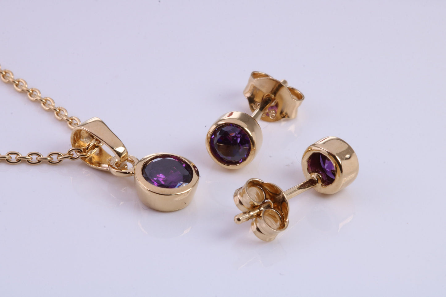February Amethyst C Z set Necklace and Matching Stud Earrings, made from solid Sterling Silver and 18ct Yellow Gold Plated