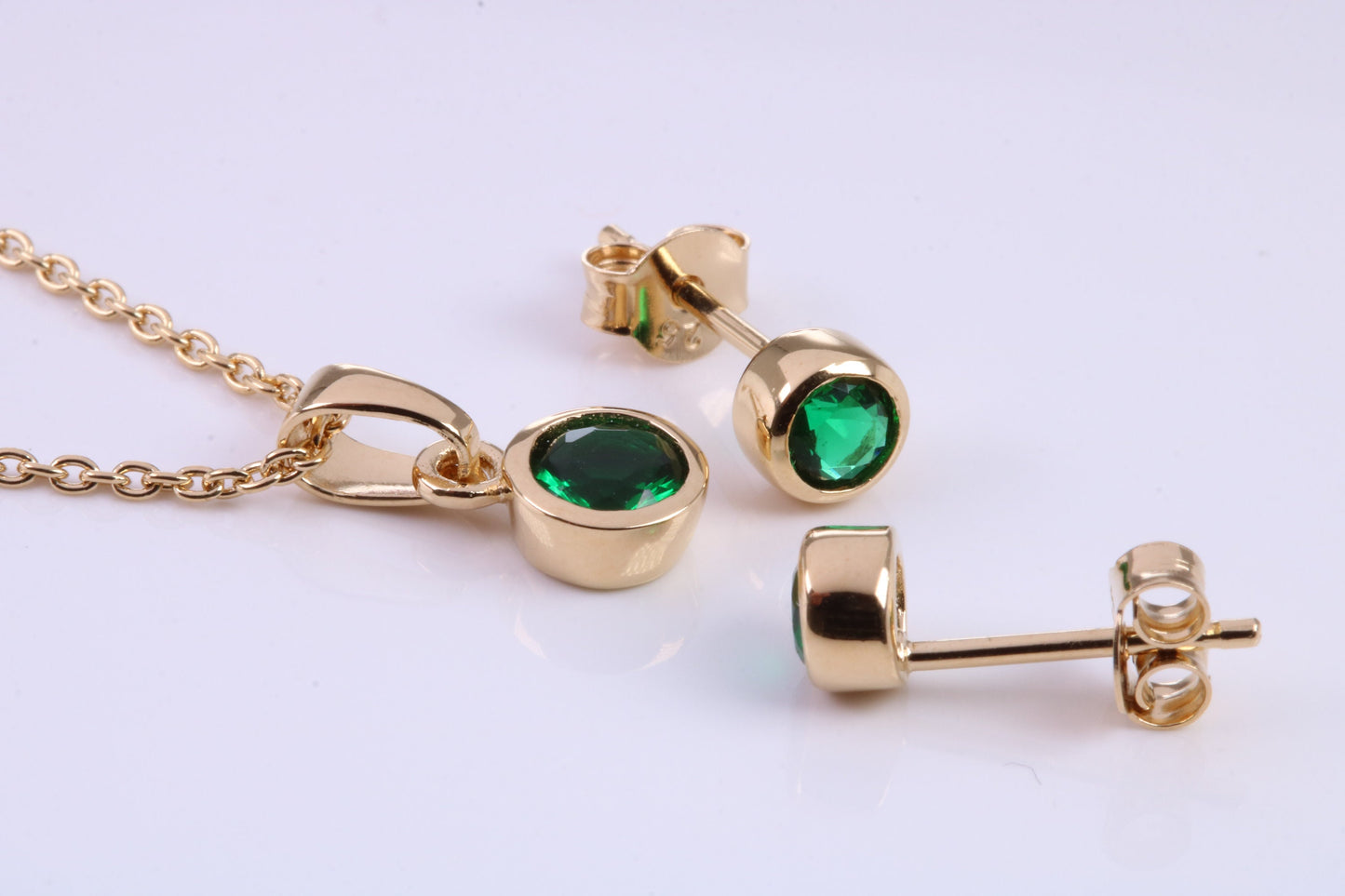 May Emerald C Z set Necklace and Matching Stud Earrings, made from solid Sterling Silver and 18ct Yellow Gold Plated