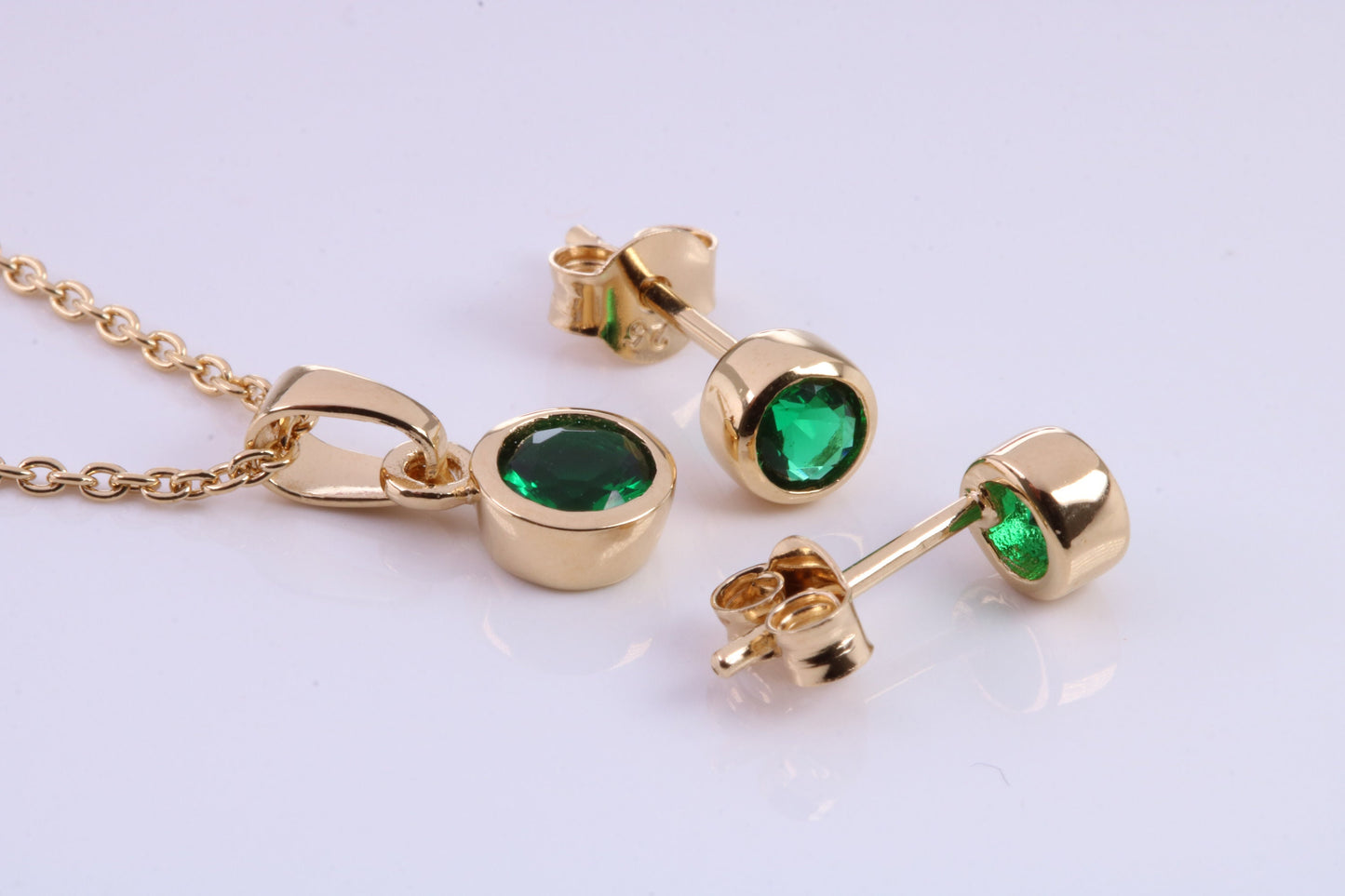 May Emerald C Z set Necklace and Matching Stud Earrings, made from solid Sterling Silver and 18ct Yellow Gold Plated
