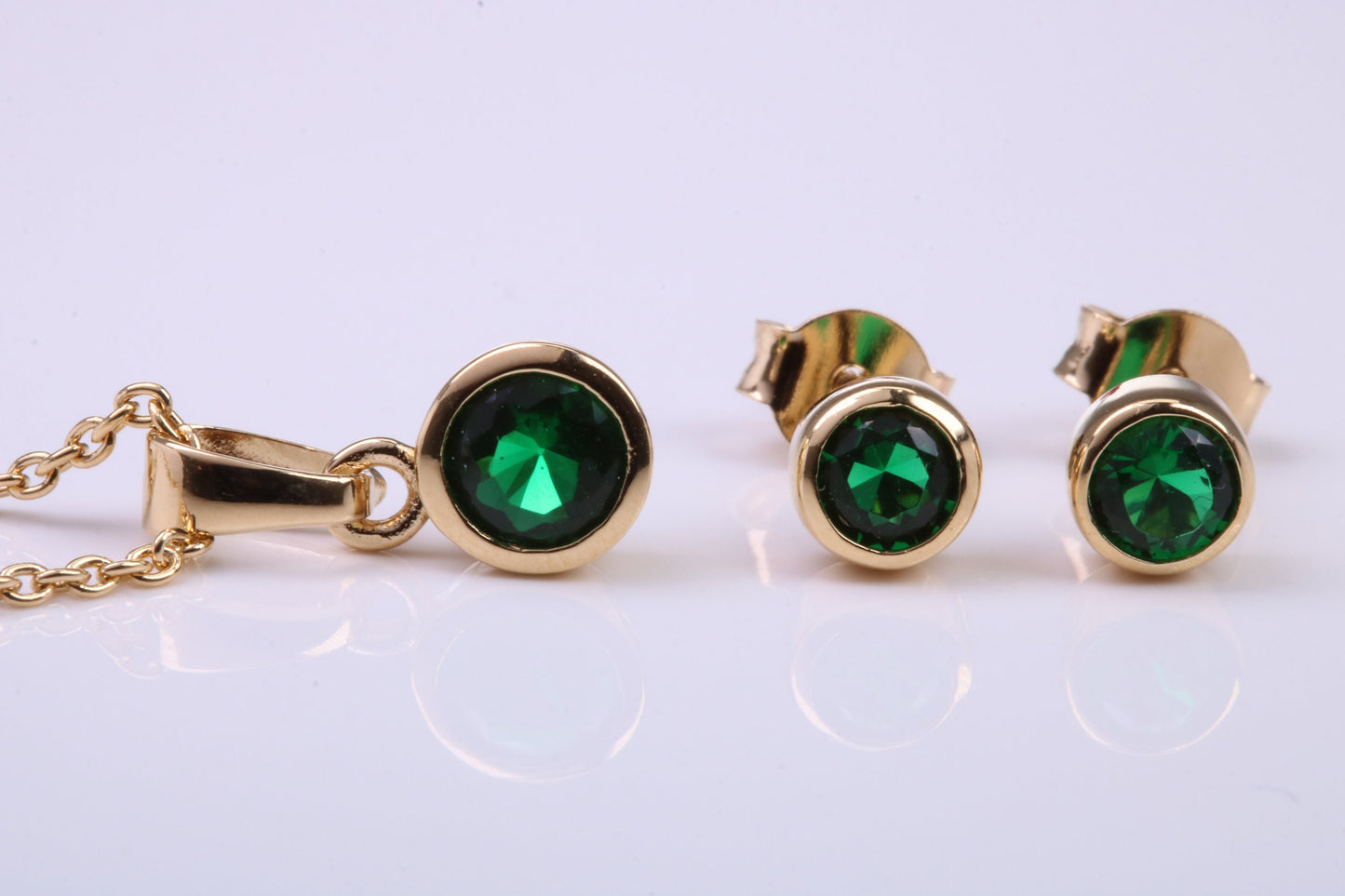 May Emerald C Z set Necklace and Matching Stud Earrings, made from solid Sterling Silver and 18ct Yellow Gold Plated