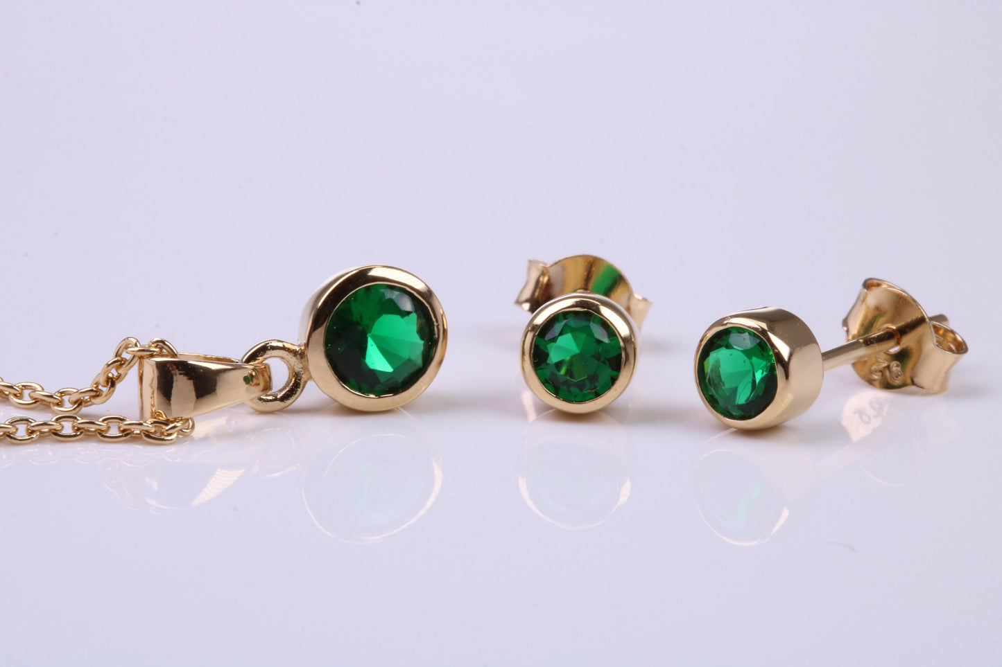 May Emerald C Z set Necklace and Matching Stud Earrings, made from solid Sterling Silver and 18ct Yellow Gold Plated