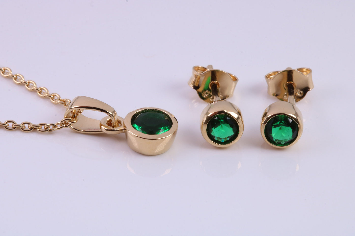 May Emerald C Z set Necklace and Matching Stud Earrings, made from solid Sterling Silver and 18ct Yellow Gold Plated