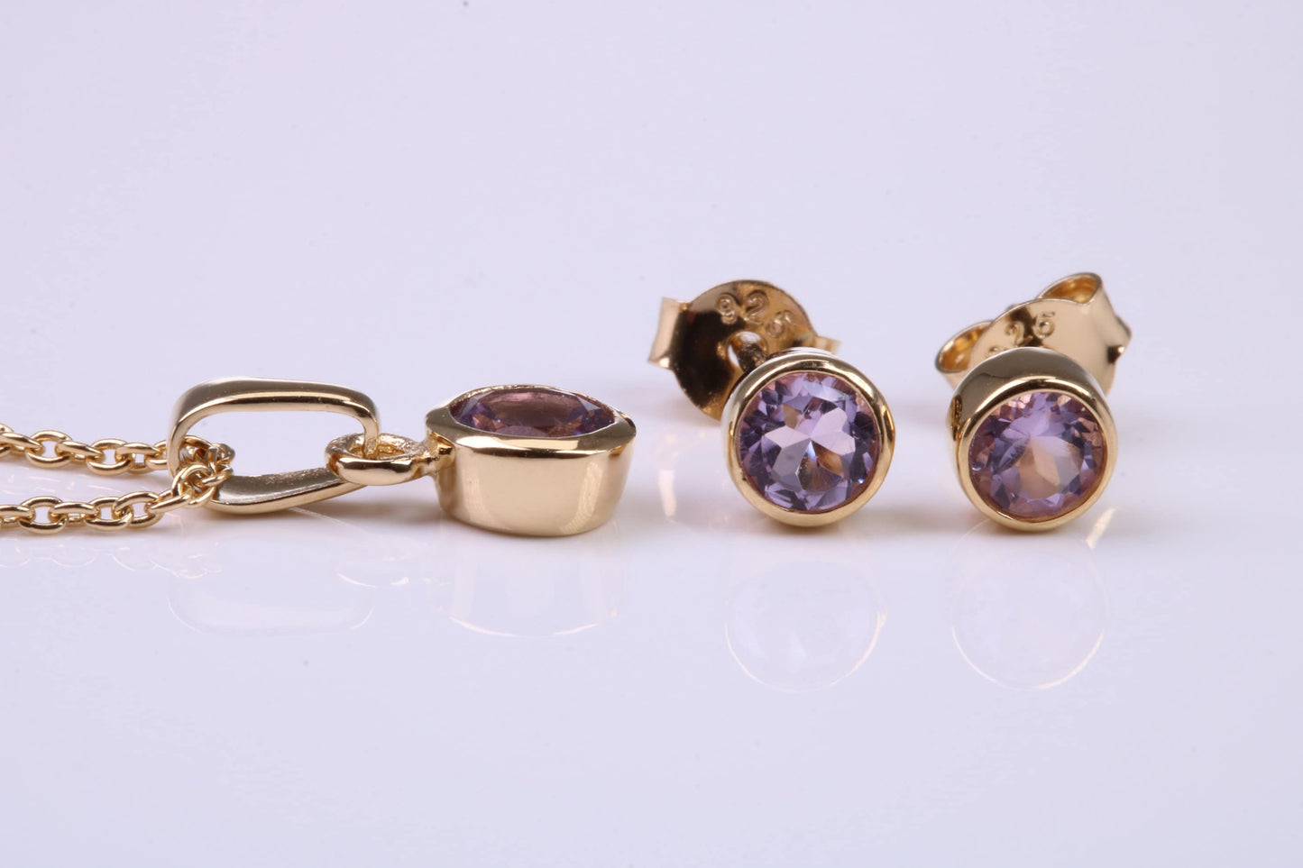 June Light Amethyst C Z set Necklace and Matching Stud Earrings, made from solid Sterling Silver and 18ct Yellow Gold Plated