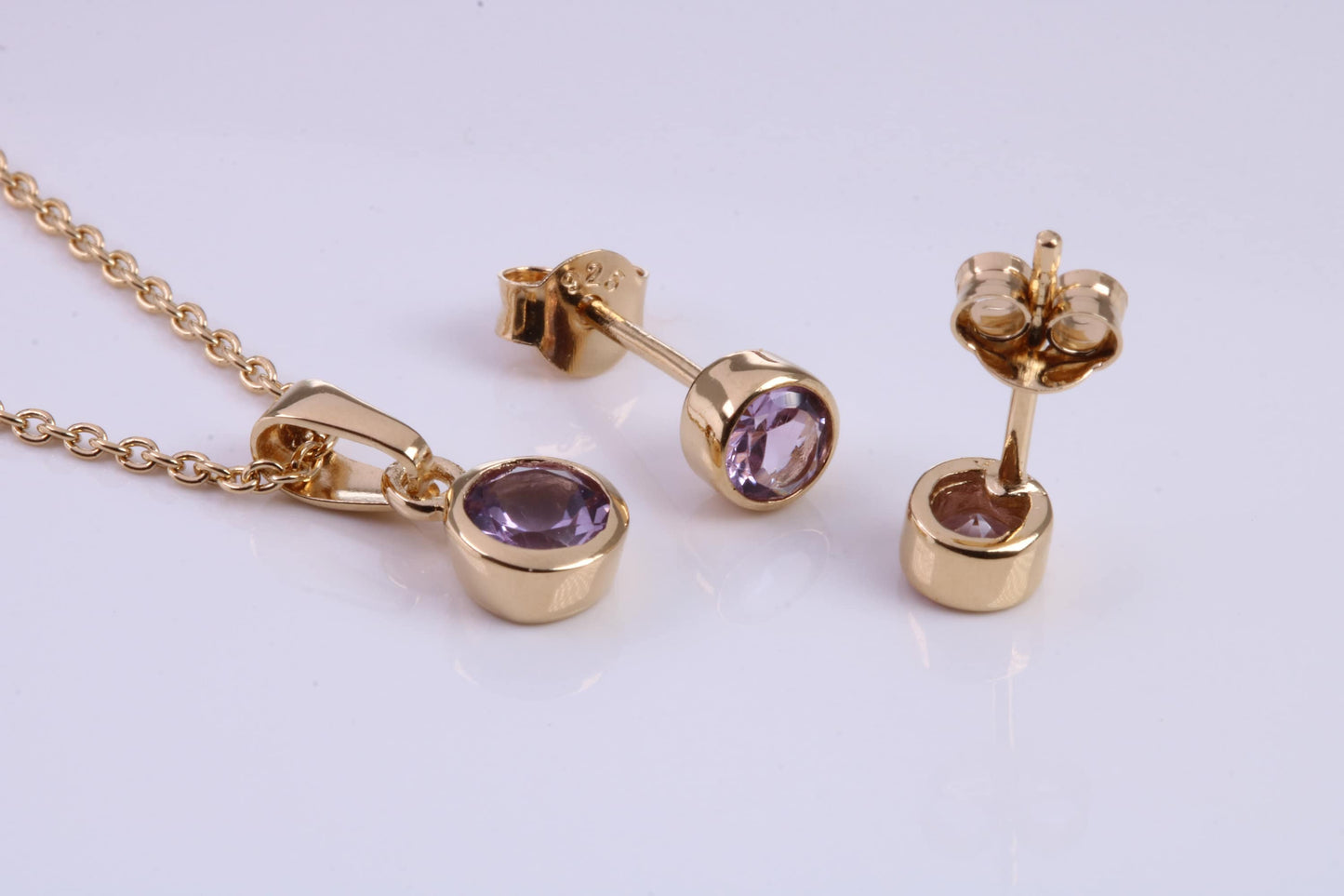 June Light Amethyst C Z set Necklace and Matching Stud Earrings, made from solid Sterling Silver and 18ct Yellow Gold Plated