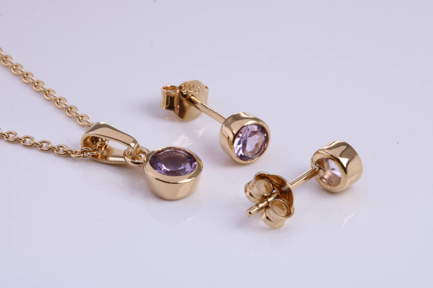 June Light Amethyst C Z set Necklace and Matching Stud Earrings, made from solid Sterling Silver and 18ct Yellow Gold Plated