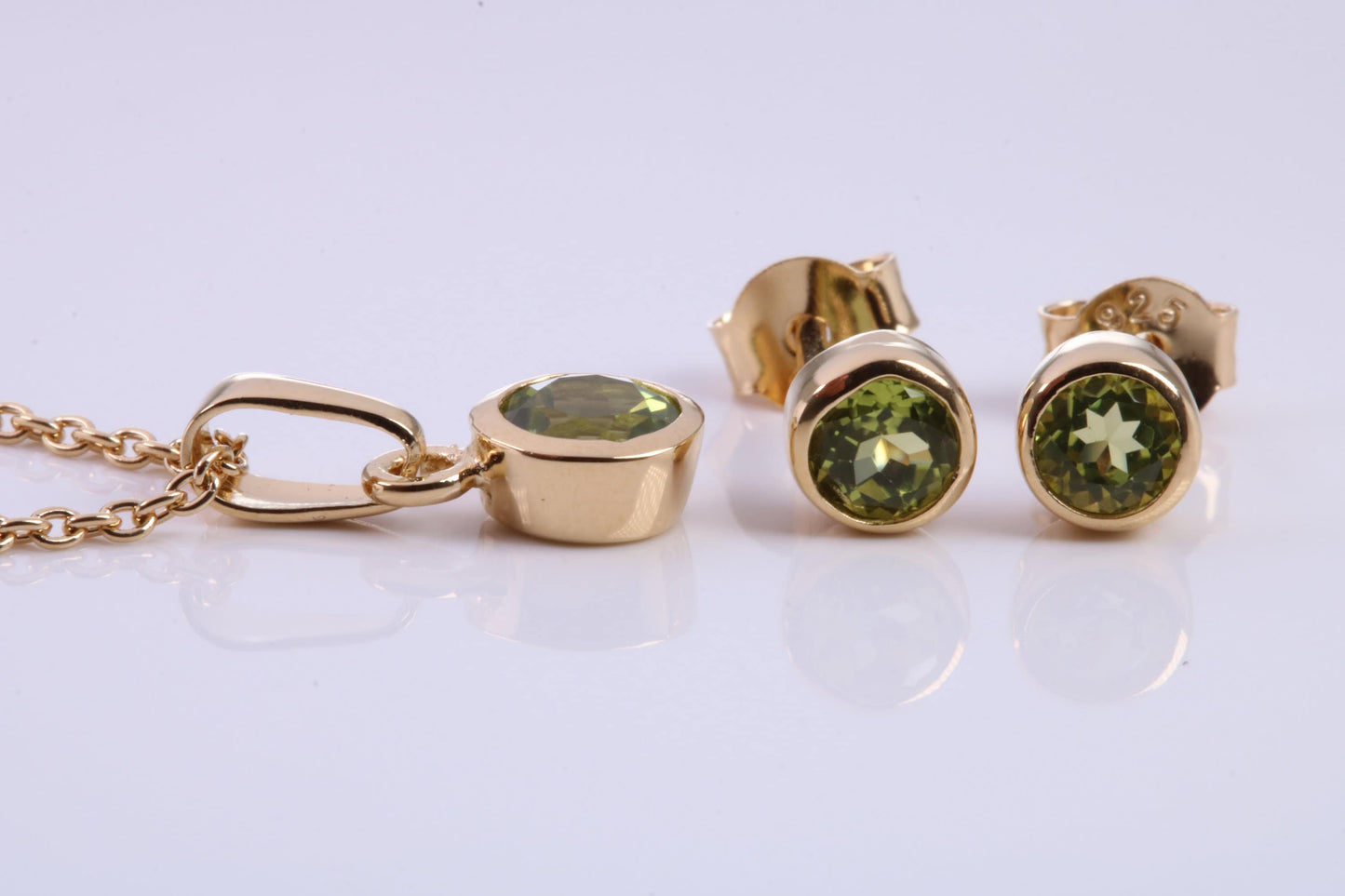 August Peridot C Z set Necklace and Matching Stud Earrings, made from solid Sterling Silver and 18ct Yellow Gold Plated
