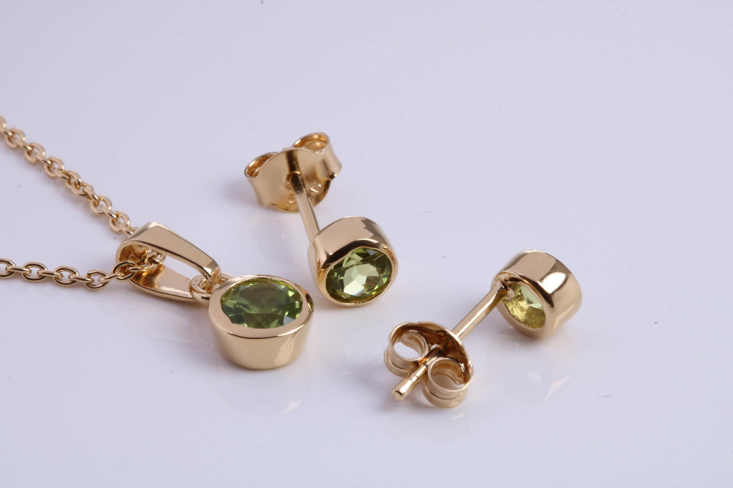 August Peridot C Z set Necklace and Matching Stud Earrings, made from solid Sterling Silver and 18ct Yellow Gold Plated