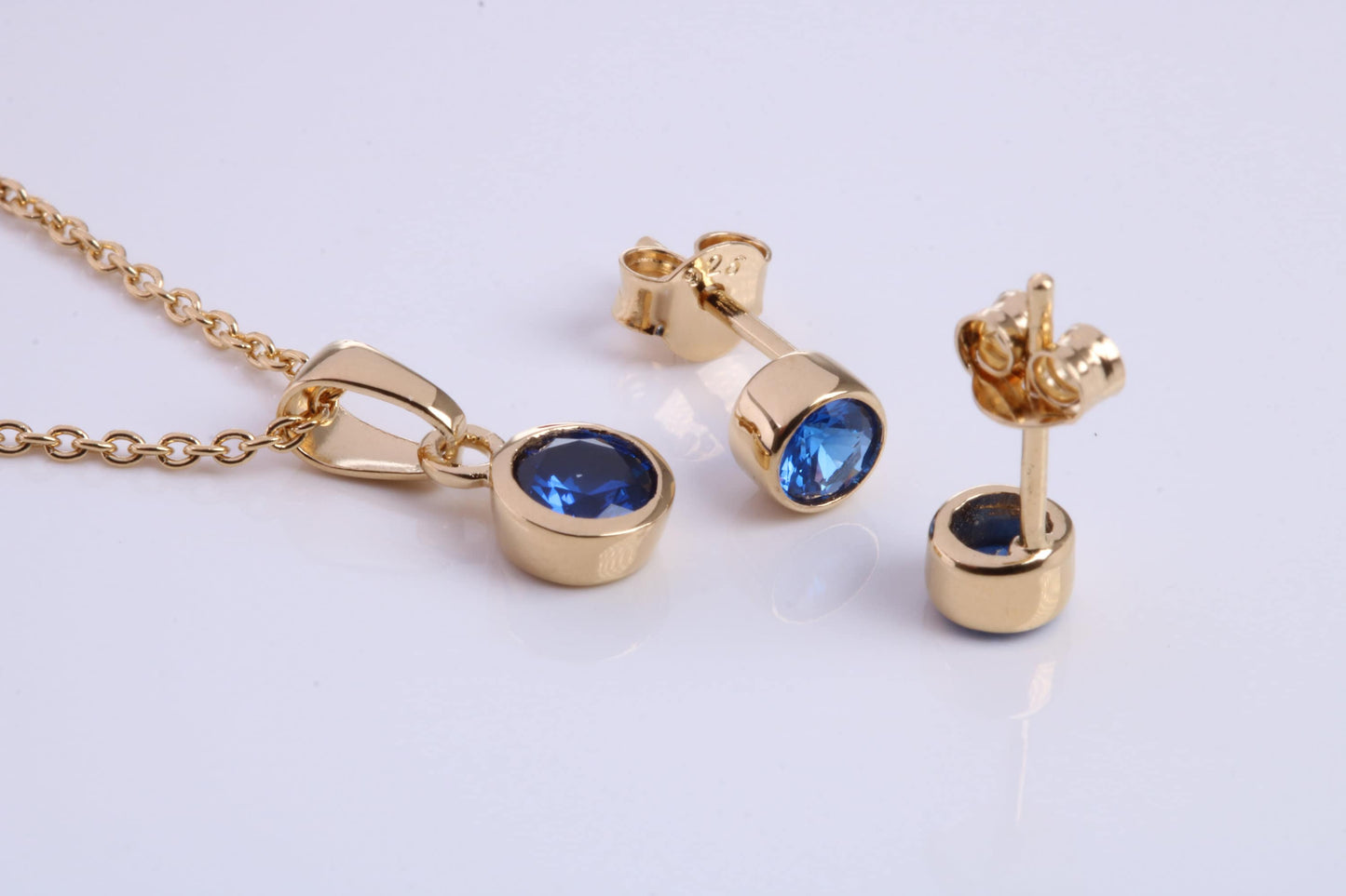 September Blue Sapphire C Z set Necklace and Matching Stud Earrings, made from solid Sterling Silver and 18ct Yellow Gold Plated