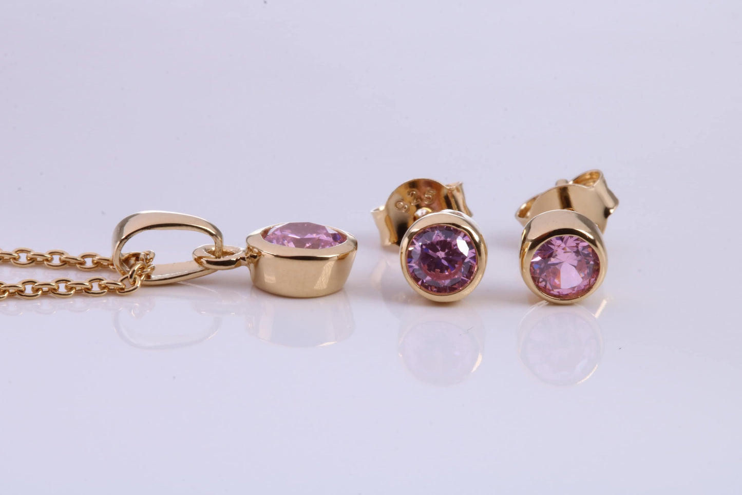 October Pink Rose C Z set Necklace and Matching Stud Earrings, made from solid Sterling Silver and 18ct Yellow Gold Plated