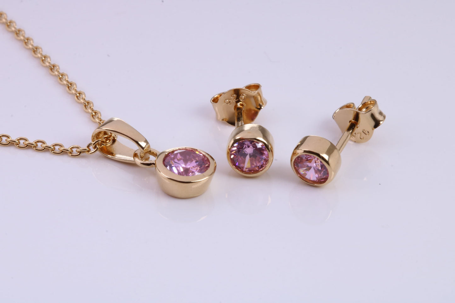 October Pink Rose C Z set Necklace and Matching Stud Earrings, made from solid Sterling Silver and 18ct Yellow Gold Plated