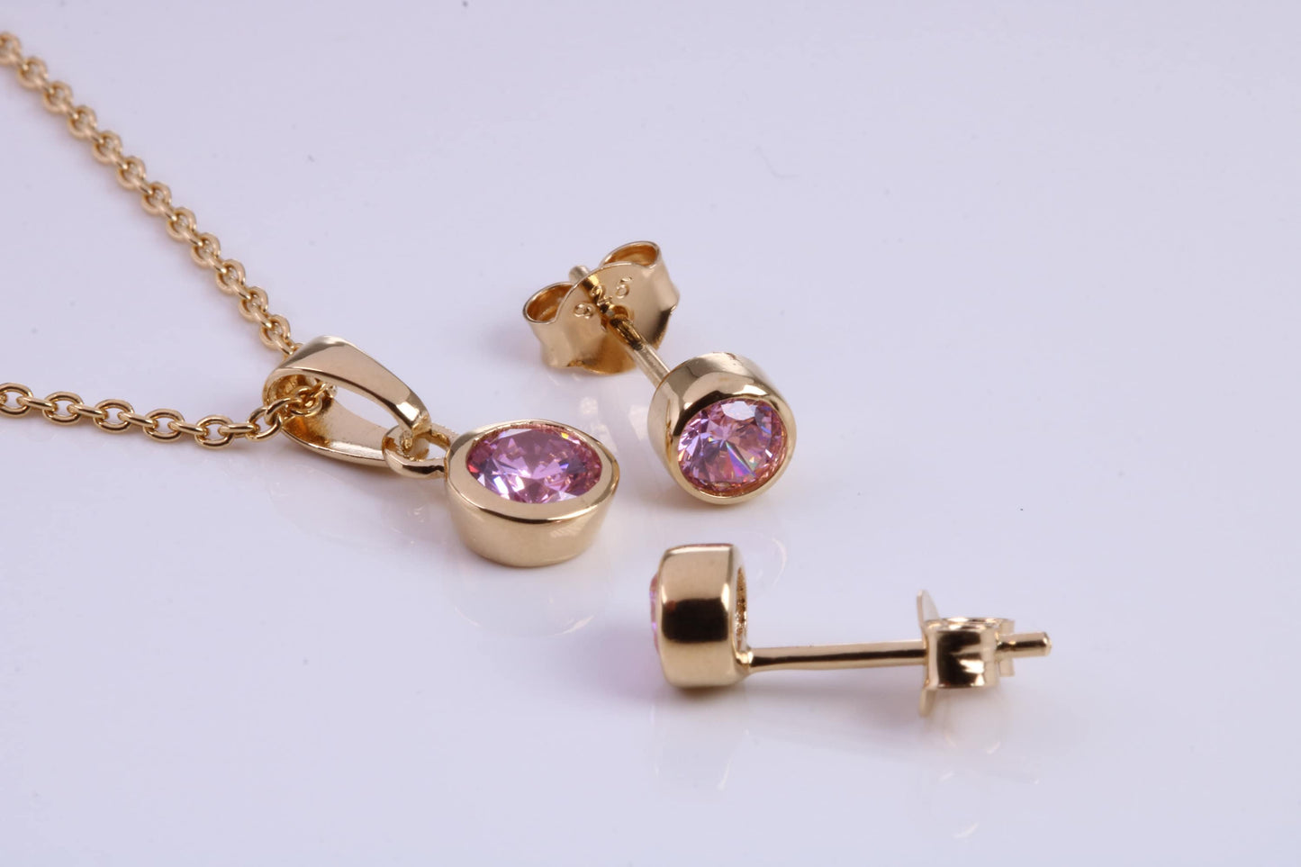October Pink Rose C Z set Necklace and Matching Stud Earrings, made from solid Sterling Silver and 18ct Yellow Gold Plated