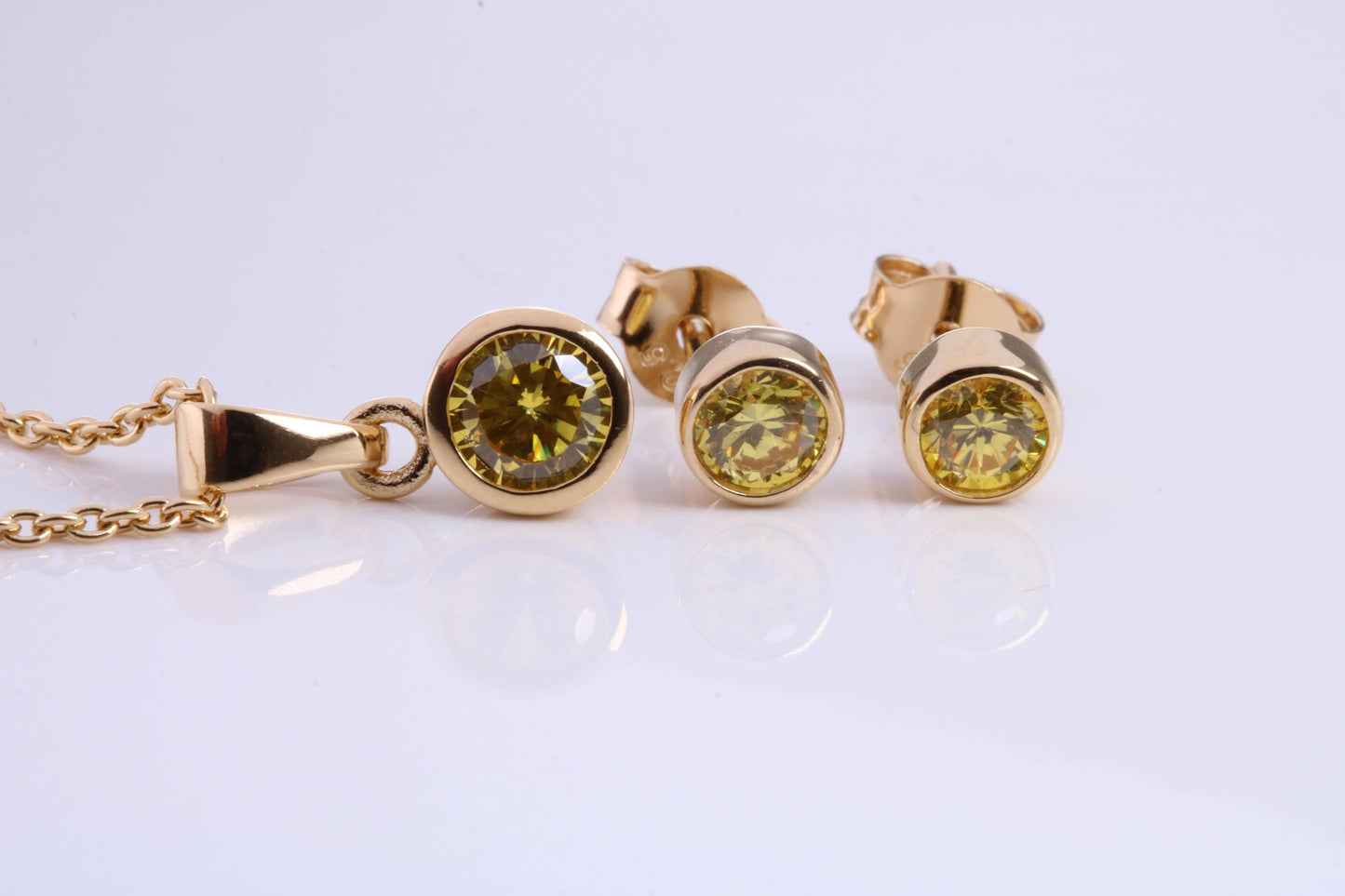 November Yellow Topaz C Z set Necklace and Matching Stud Earrings, made from solid Sterling Silver and 18ct Yellow Gold Plated