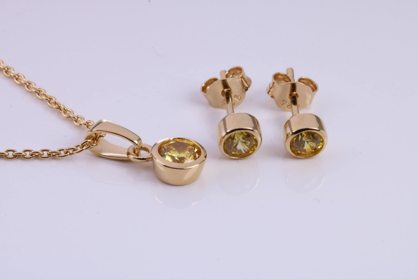 November Yellow Topaz C Z set Necklace and Matching Stud Earrings, made from solid Sterling Silver and 18ct Yellow Gold Plated