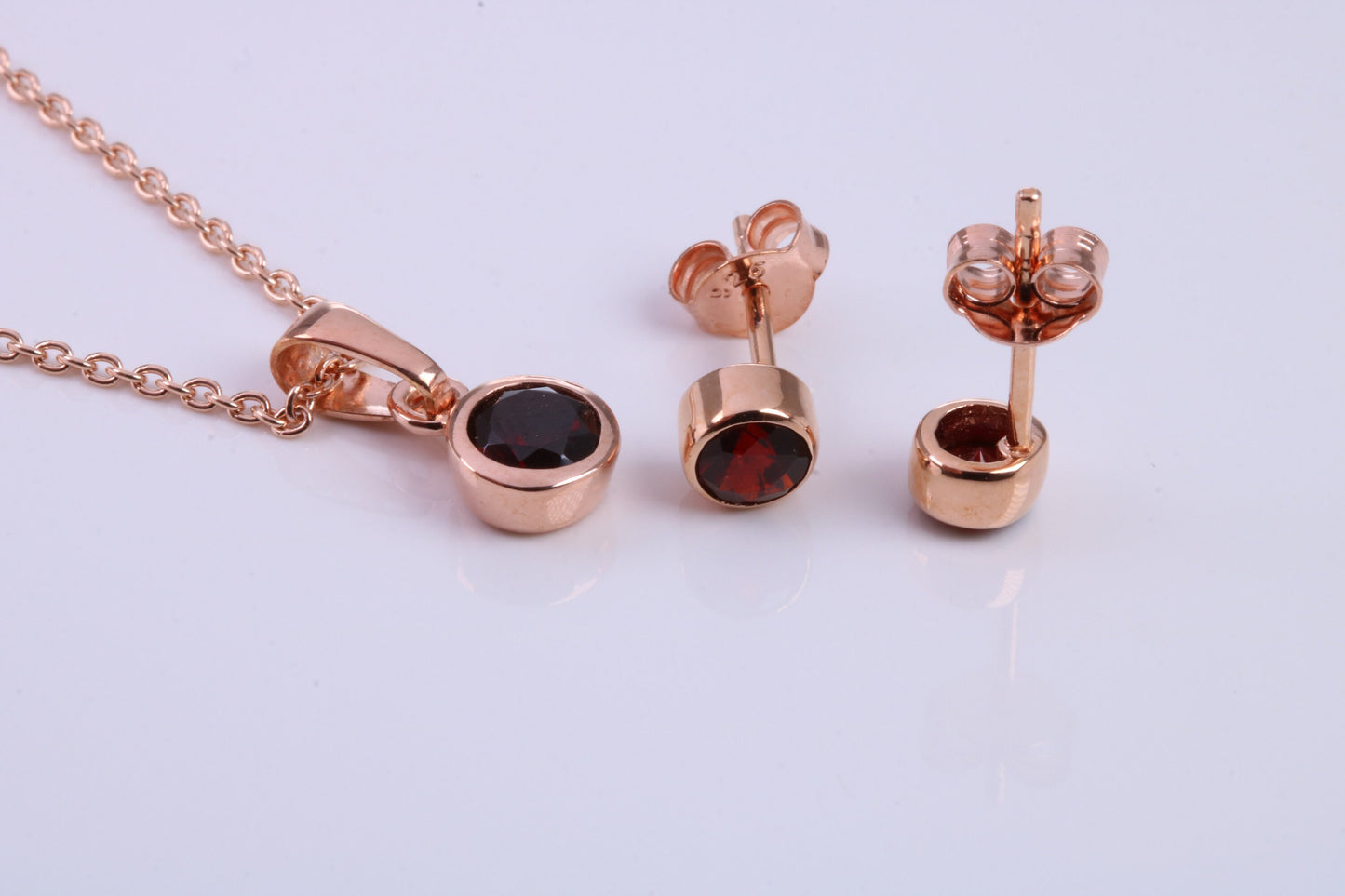 January Garnet C Z set Necklace and Matching Stud Earrings, made from solid Sterling Silver and 18ct Rose Gold Plated