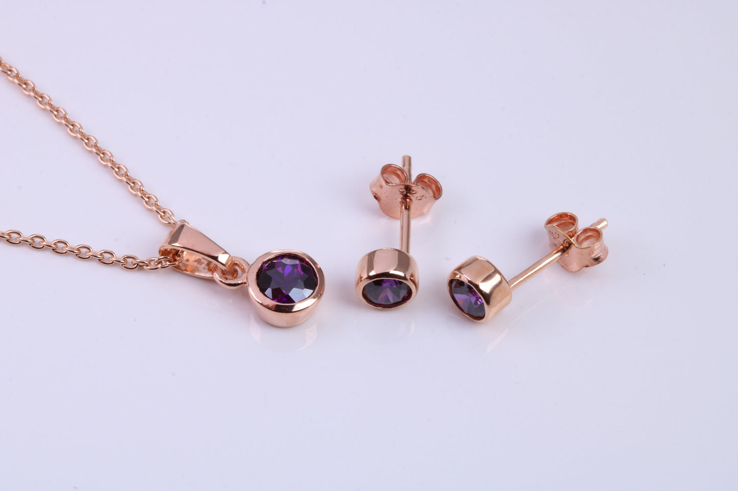February Amethyst C Z set Necklace and Matching Stud Earrings, made from solid Sterling Silver and 18ct Rose Gold Plated