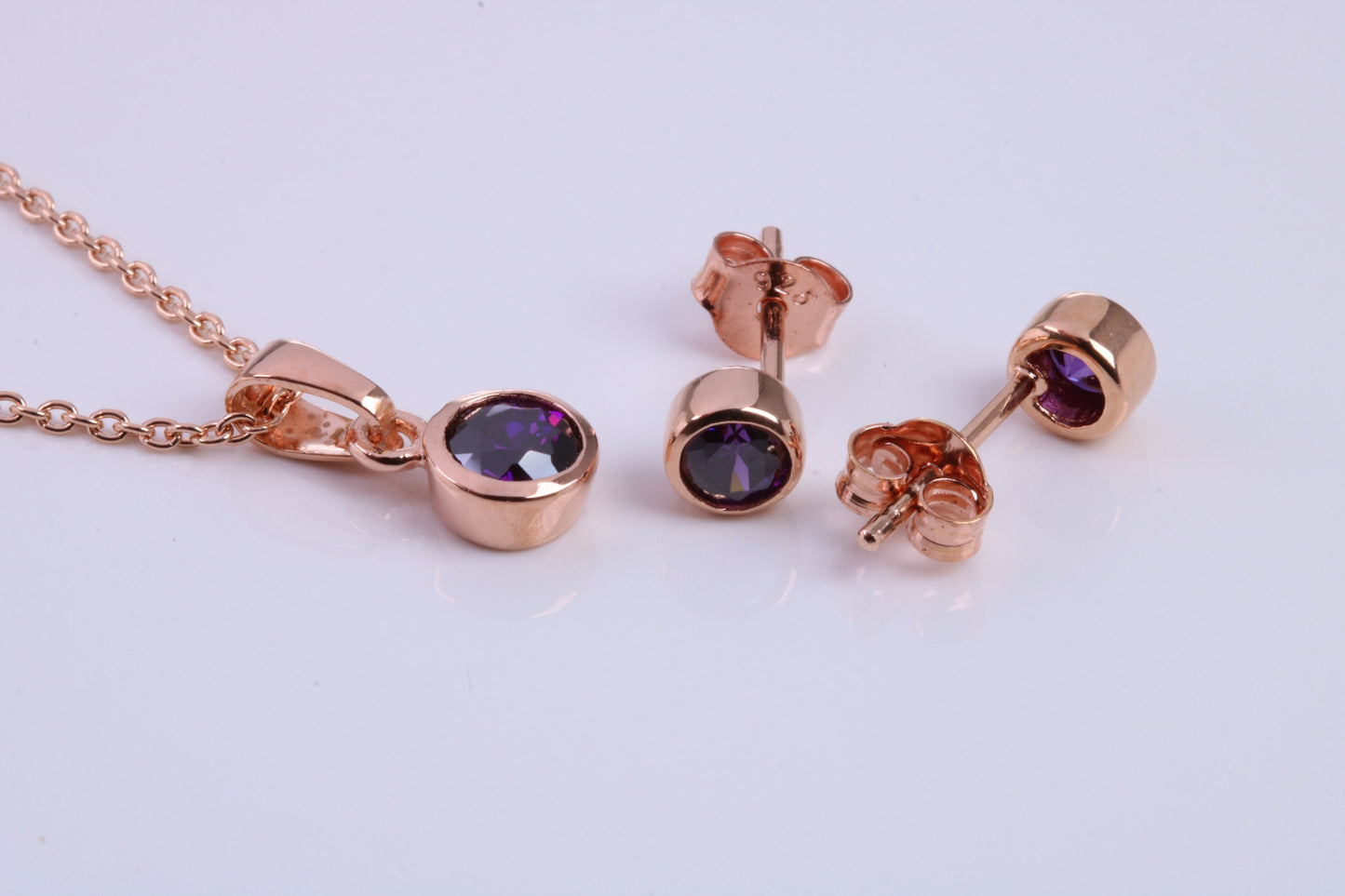 February Amethyst C Z set Necklace and Matching Stud Earrings, made from solid Sterling Silver and 18ct Rose Gold Plated
