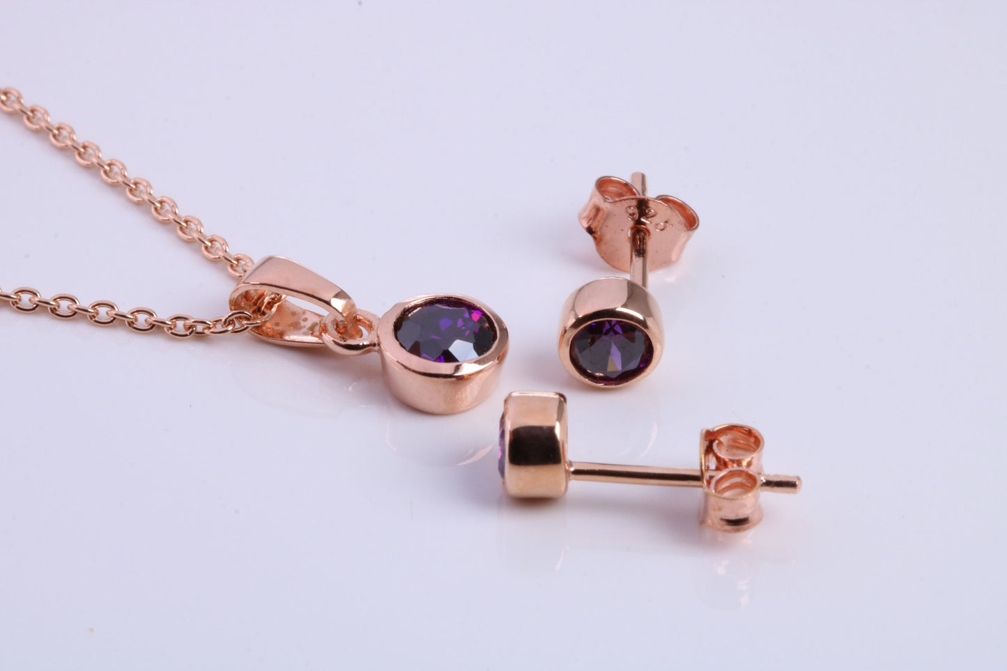 February Amethyst C Z set Necklace and Matching Stud Earrings, made from solid Sterling Silver and 18ct Rose Gold Plated