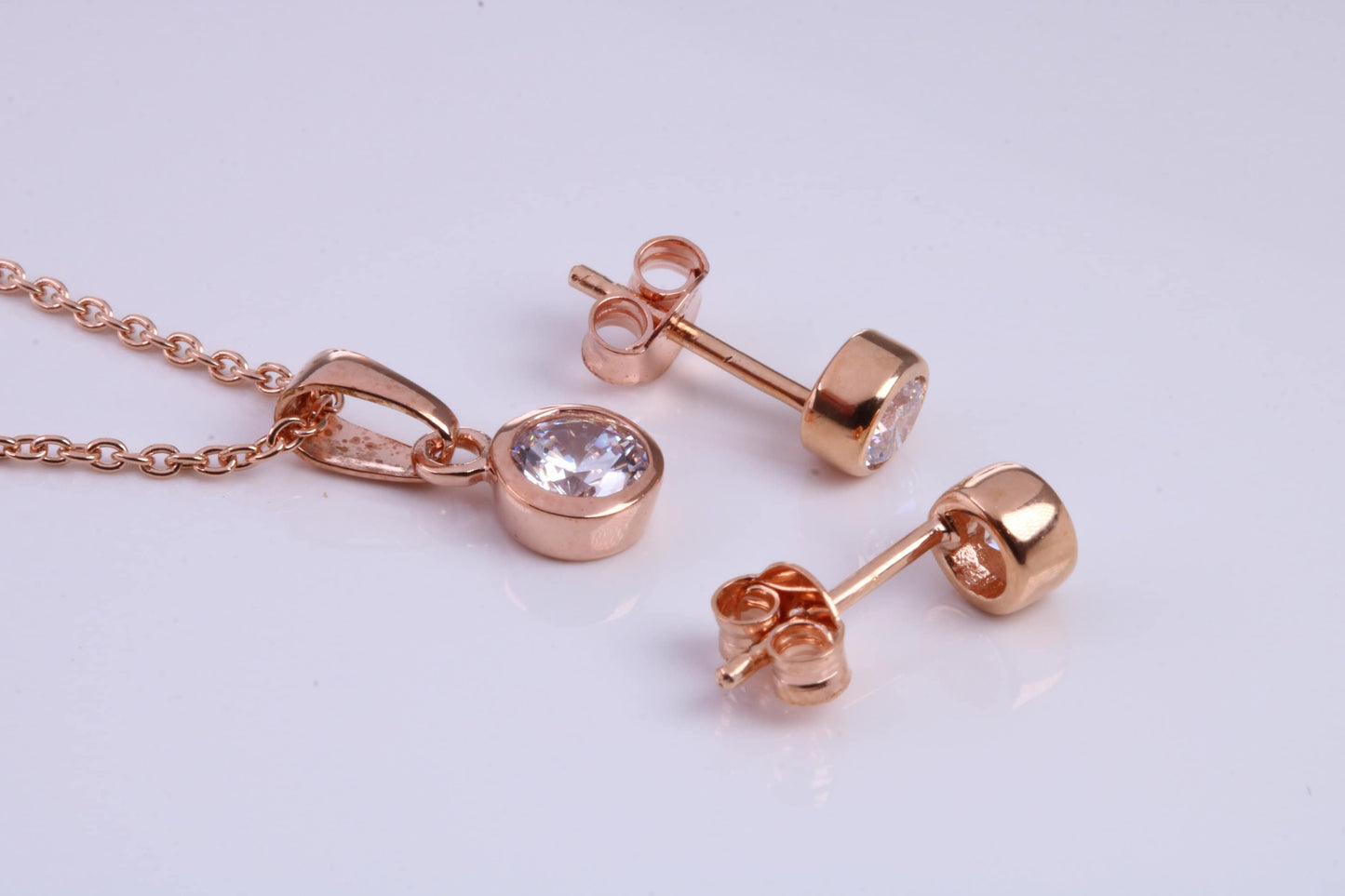 April Diamond C Z set Necklace and Matching Stud Earrings, made from solid Sterling Silver and 18ct Rose Gold Plated