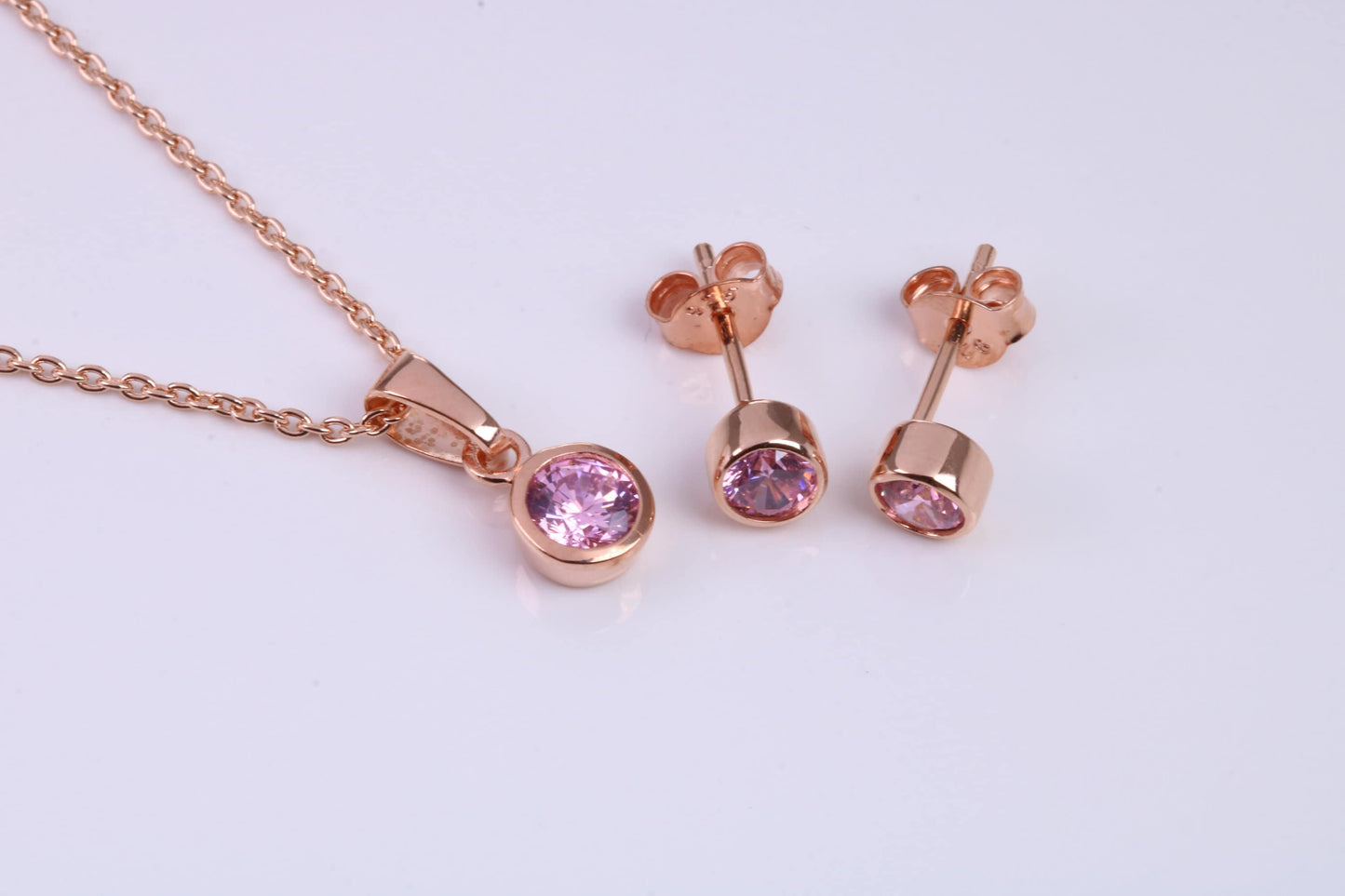 October Pink Rose C Z set Necklace and Matching Stud Earrings, made from solid Sterling Silver and 18ct Rose Gold Plated