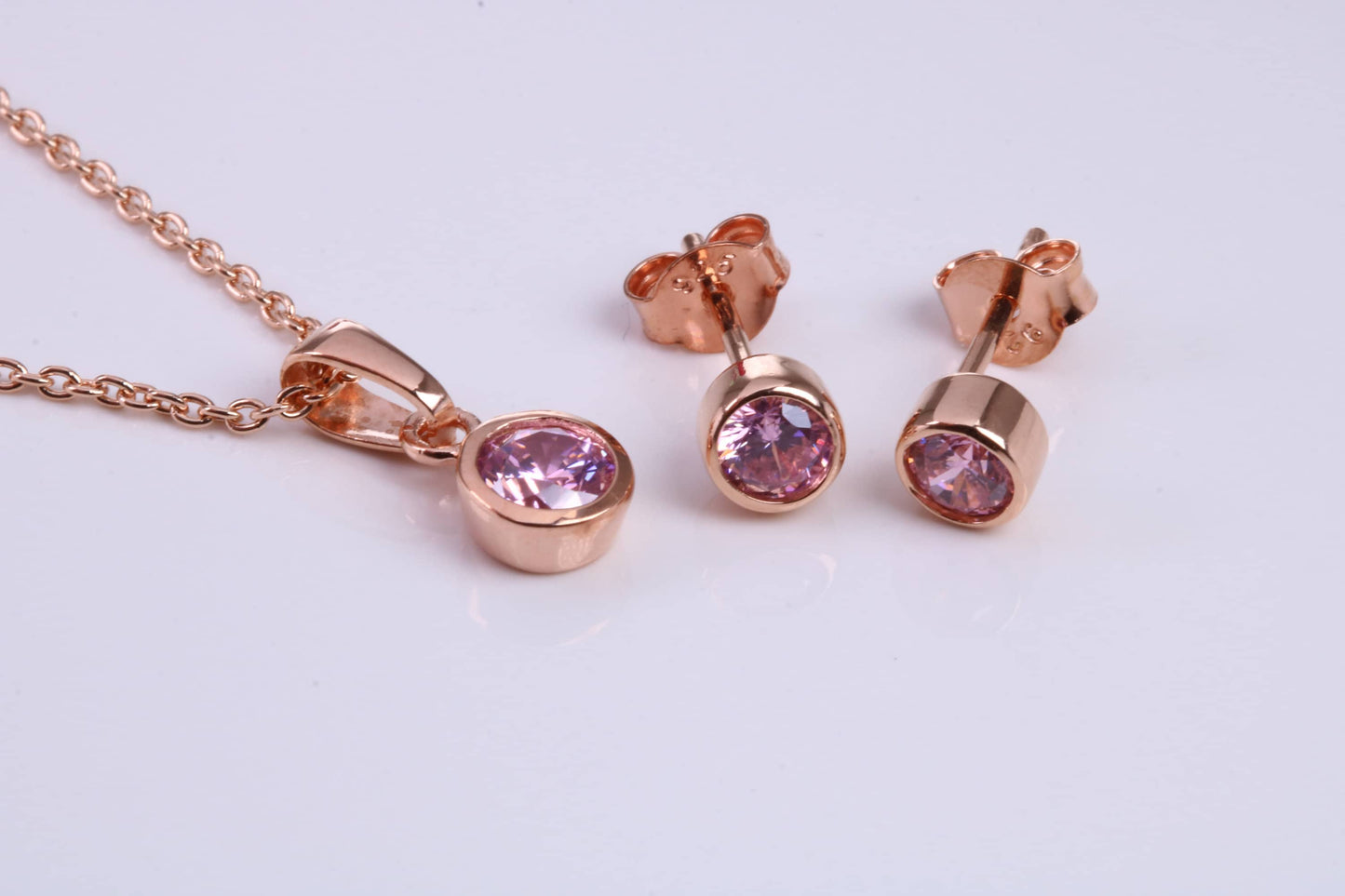October Pink Rose C Z set Necklace and Matching Stud Earrings, made from solid Sterling Silver and 18ct Rose Gold Plated