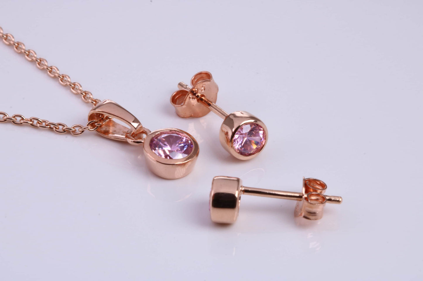 October Pink Rose C Z set Necklace and Matching Stud Earrings, made from solid Sterling Silver and 18ct Rose Gold Plated