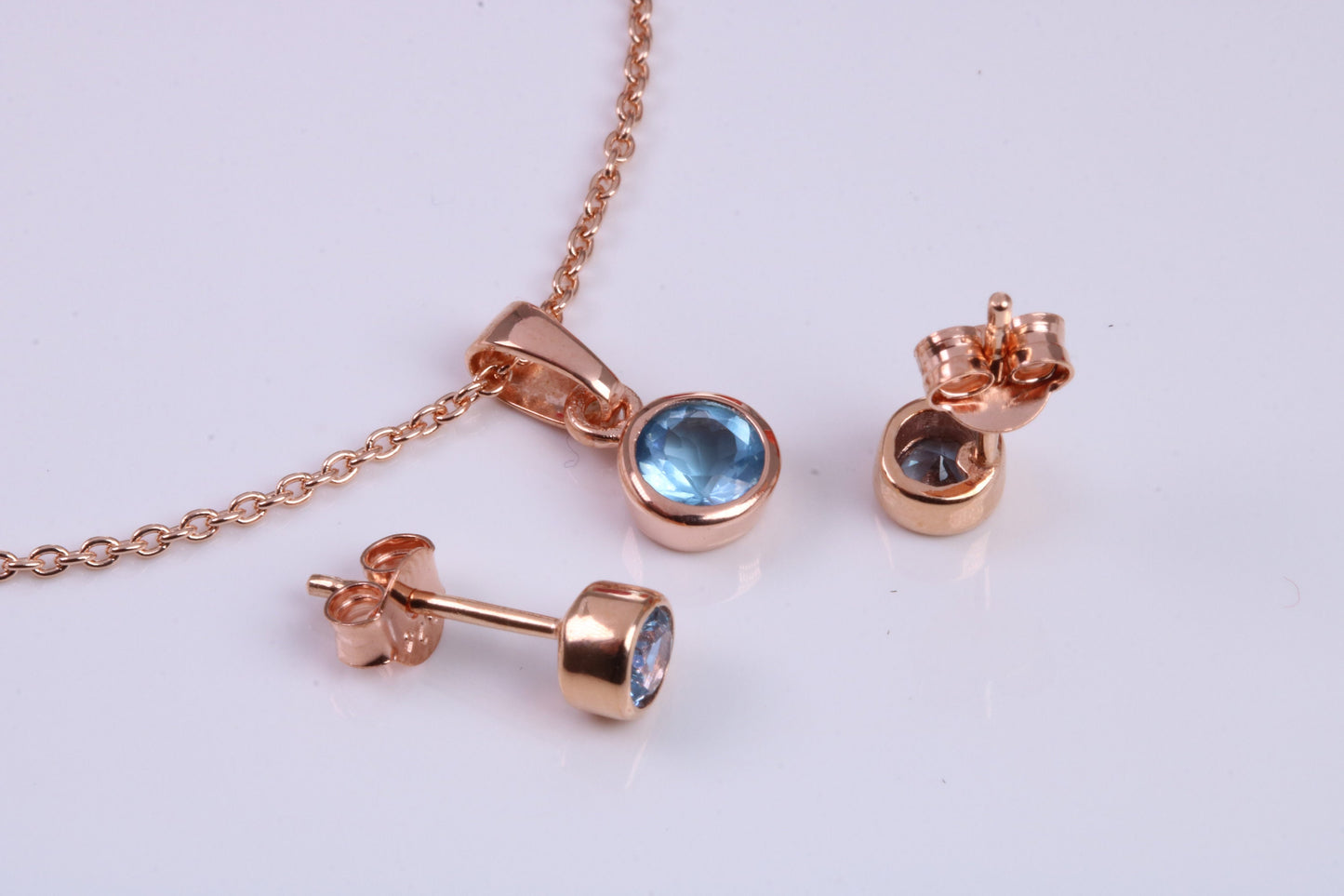Real Blue Topaz Necklace and Matching Stud Earrings, made from solid Sterling Silver and 18ct Rose Gold Plated